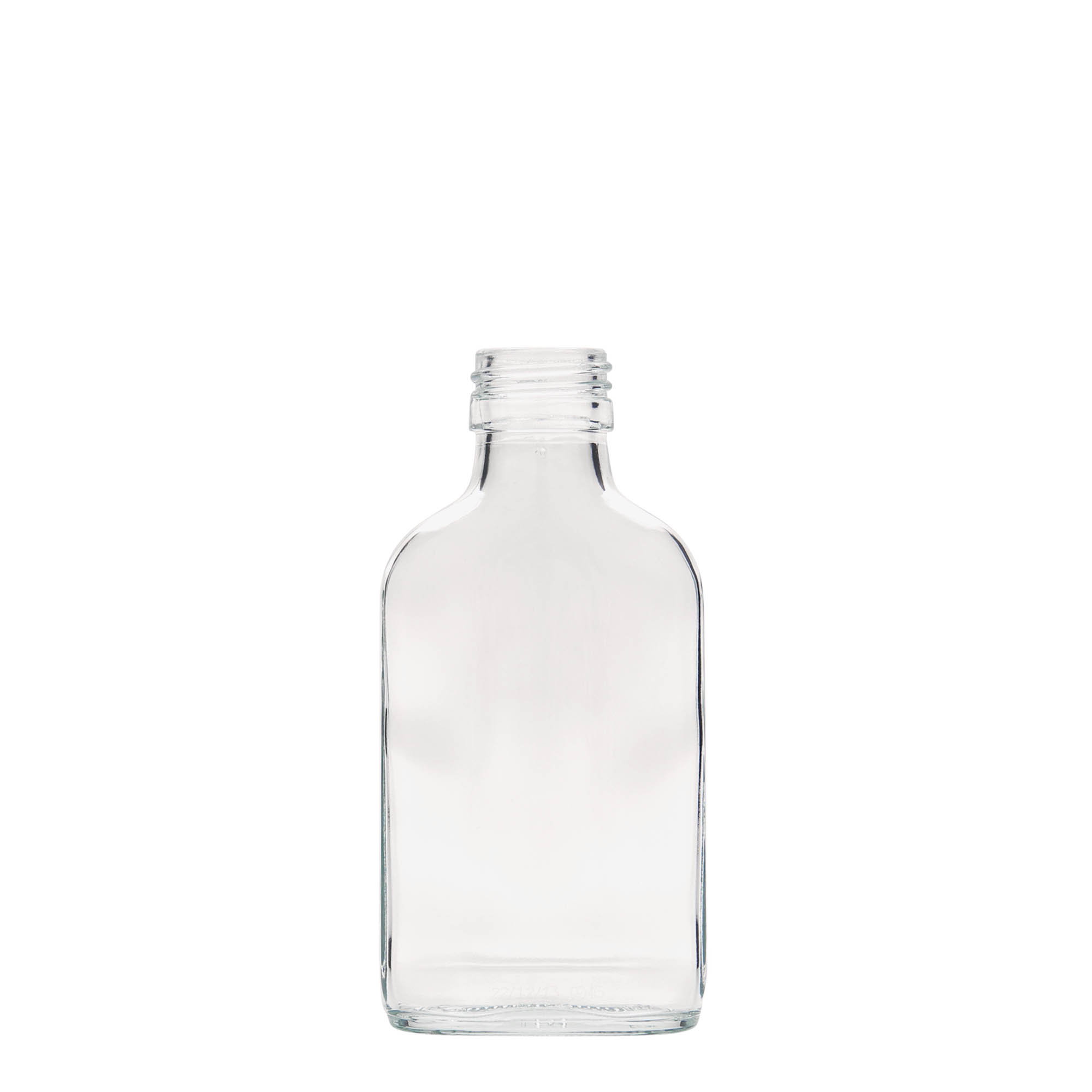 100 ml kabatas pudele, taisnstūrveida, stikls, atvere: PP 28 100 ml kabatas pudele, taisnstūrveida, stikls, atvere: PP 28