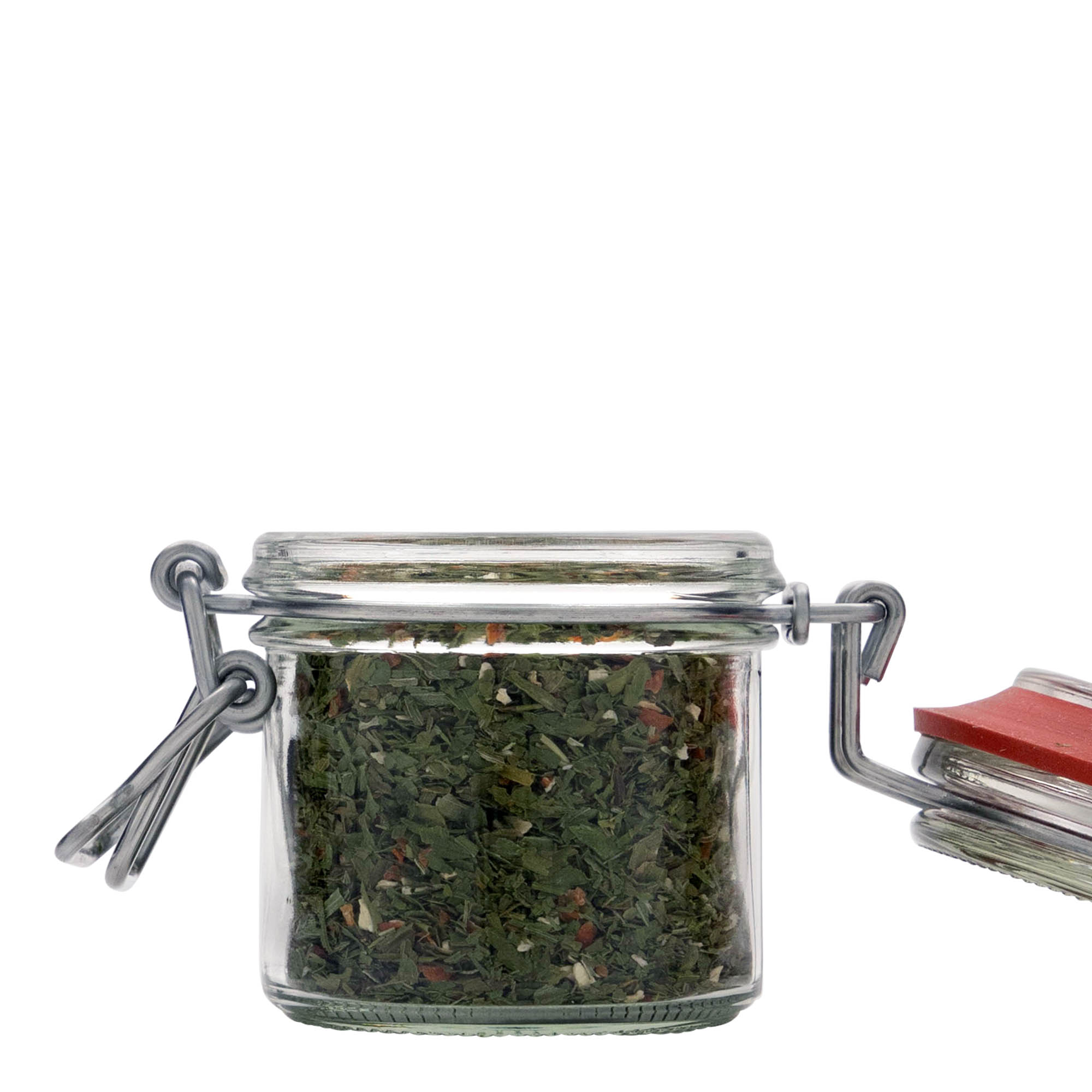 125 ml stikla burka ar metāla aizdari, atvere: metāla aizdare ar stiepli