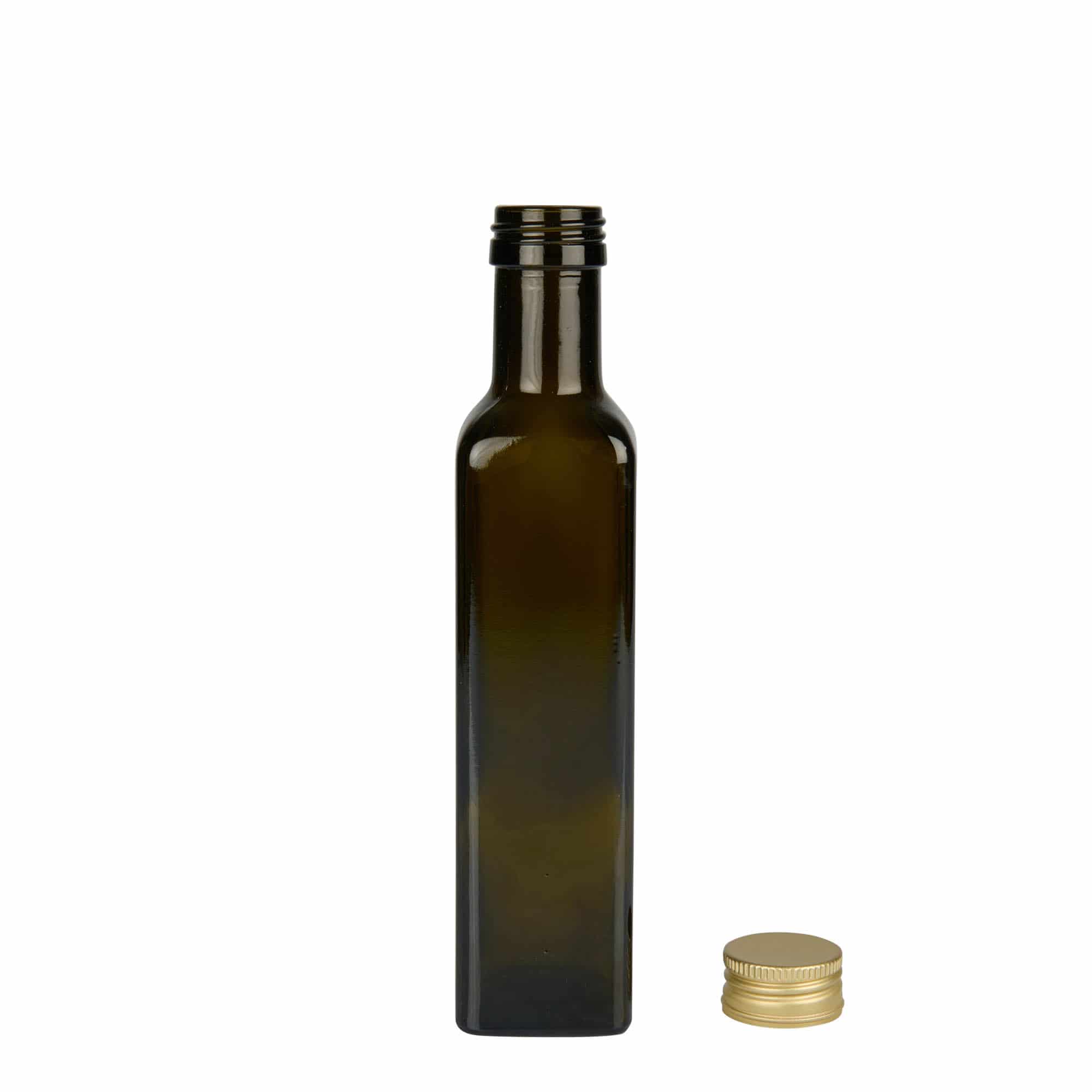 250 ml stikla pudele 'Marasca', kvadrātiska, antīki zaļa, aizdare: PP 31,5