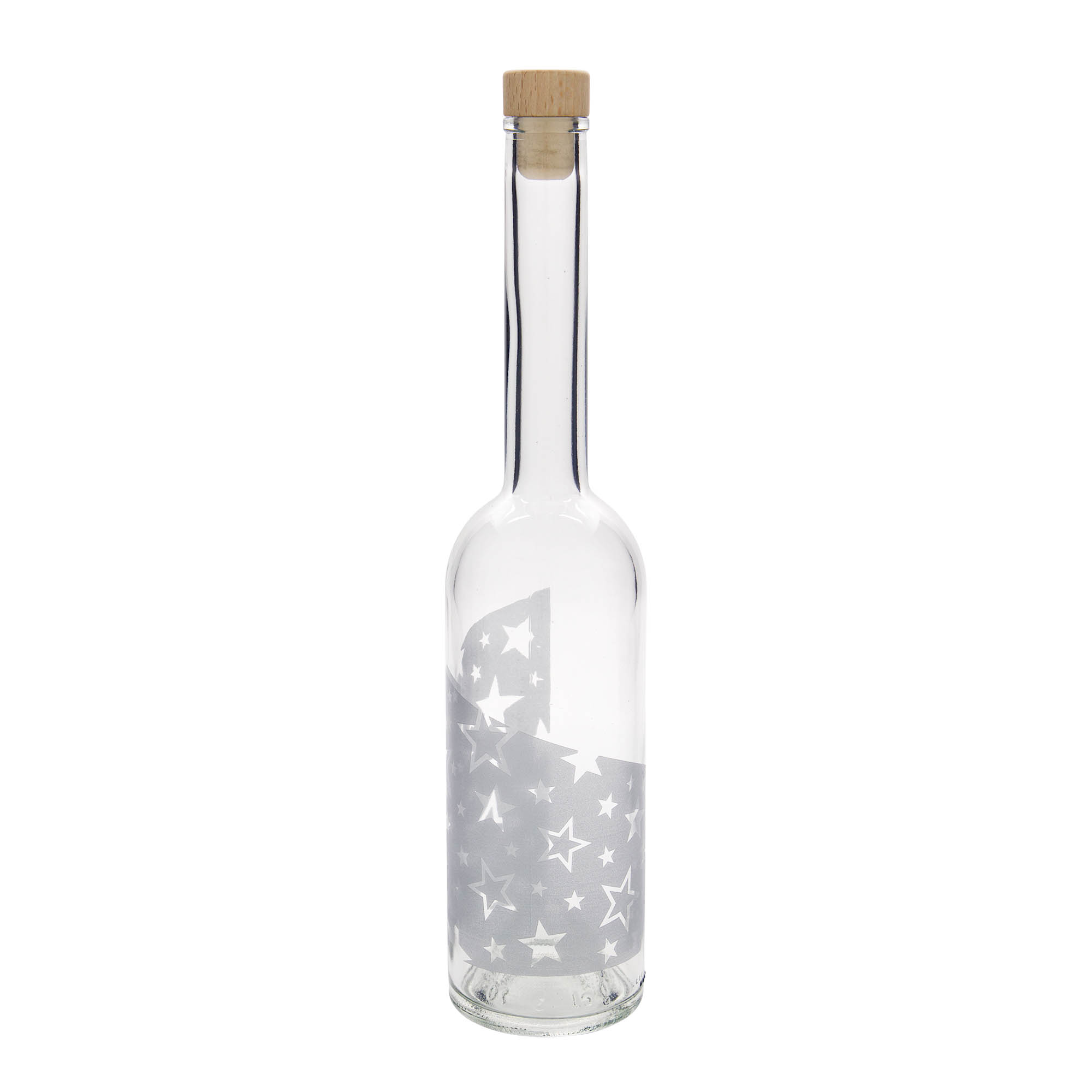 500 ml stikla pudele 'Opera', motīvs: sudraba zvaigznes, atvere: korķis 500 ml stikla pudele 'Opera', motīvs: sudraba zvaigznes, atvere: korķis