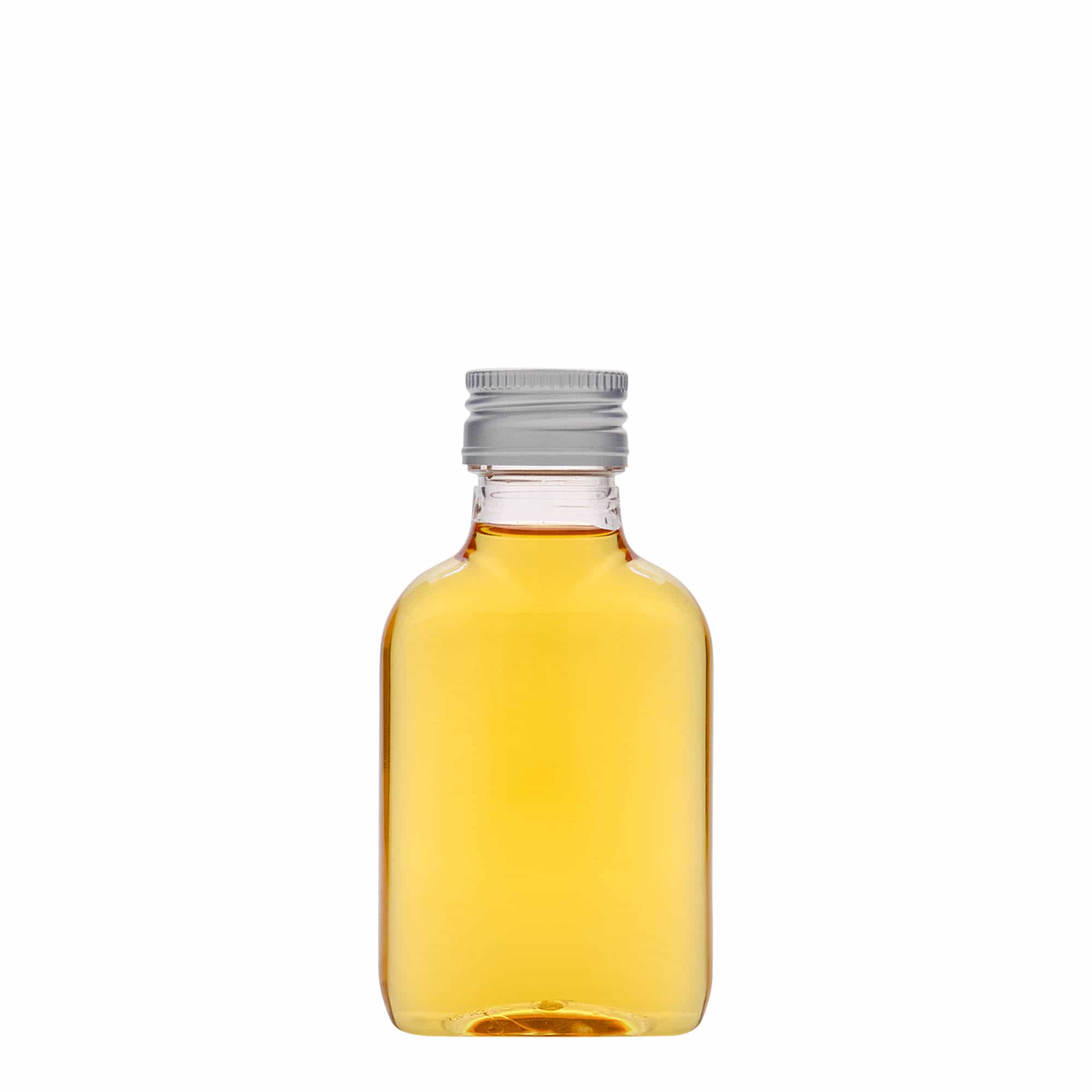 100 ml blašķe, ovāla, PET plastmasas, aizdare: PP 28