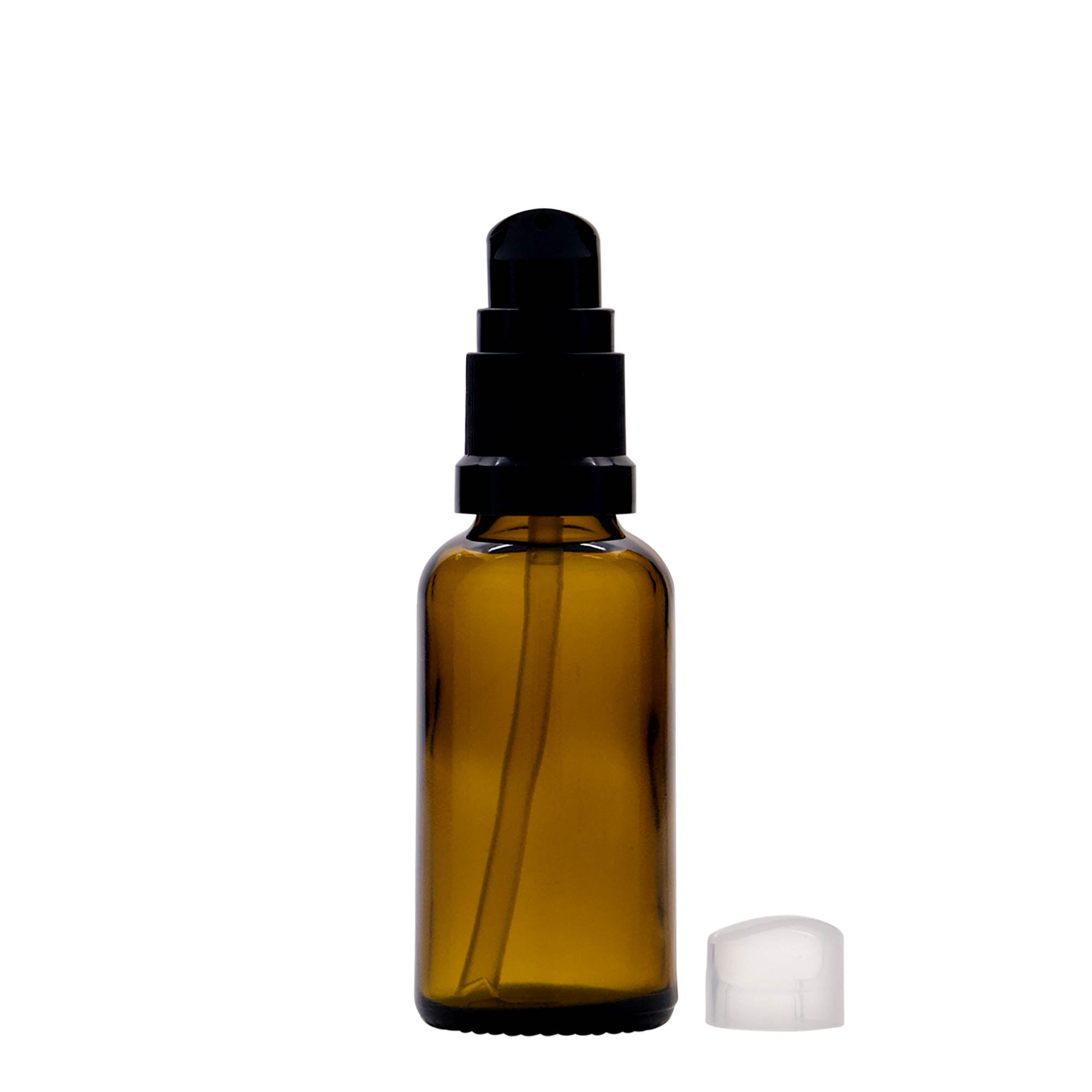 30 ml zāļu pudelīte ar losjona pumpīti, stikla, brūna, aizdare: DIN 18 30 ml zāļu pudelīte ar losjona pumpīti, stikla, brūna, aizdare: DIN 18