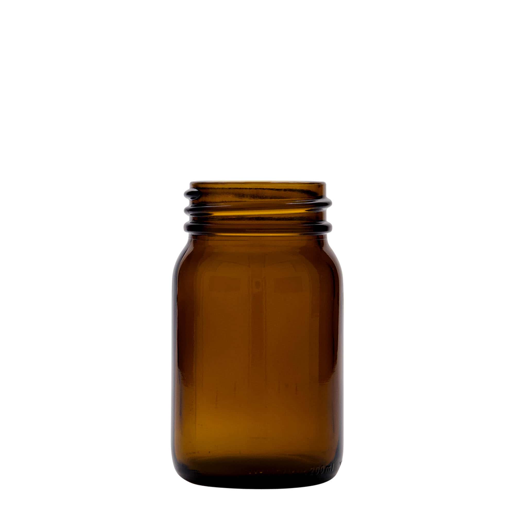 200 ml plaša kakla stikla burka, brūna, atvere: DIN 55