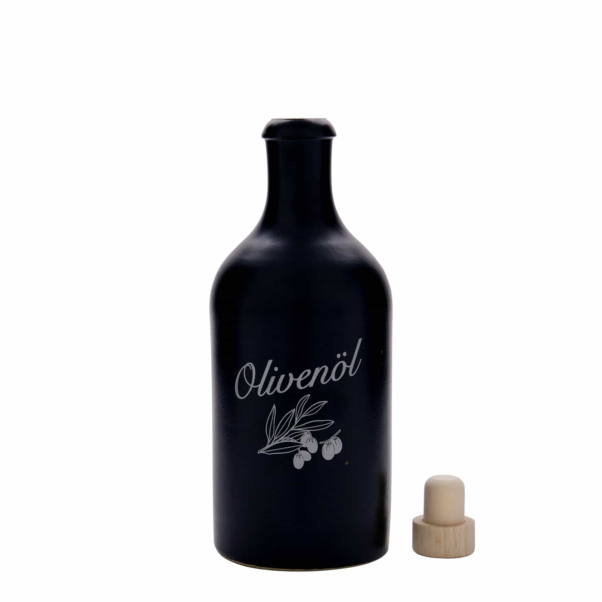 500 ml māla krūka, motīvs: olīveļļa, keramika, melna, aizdare: korķis