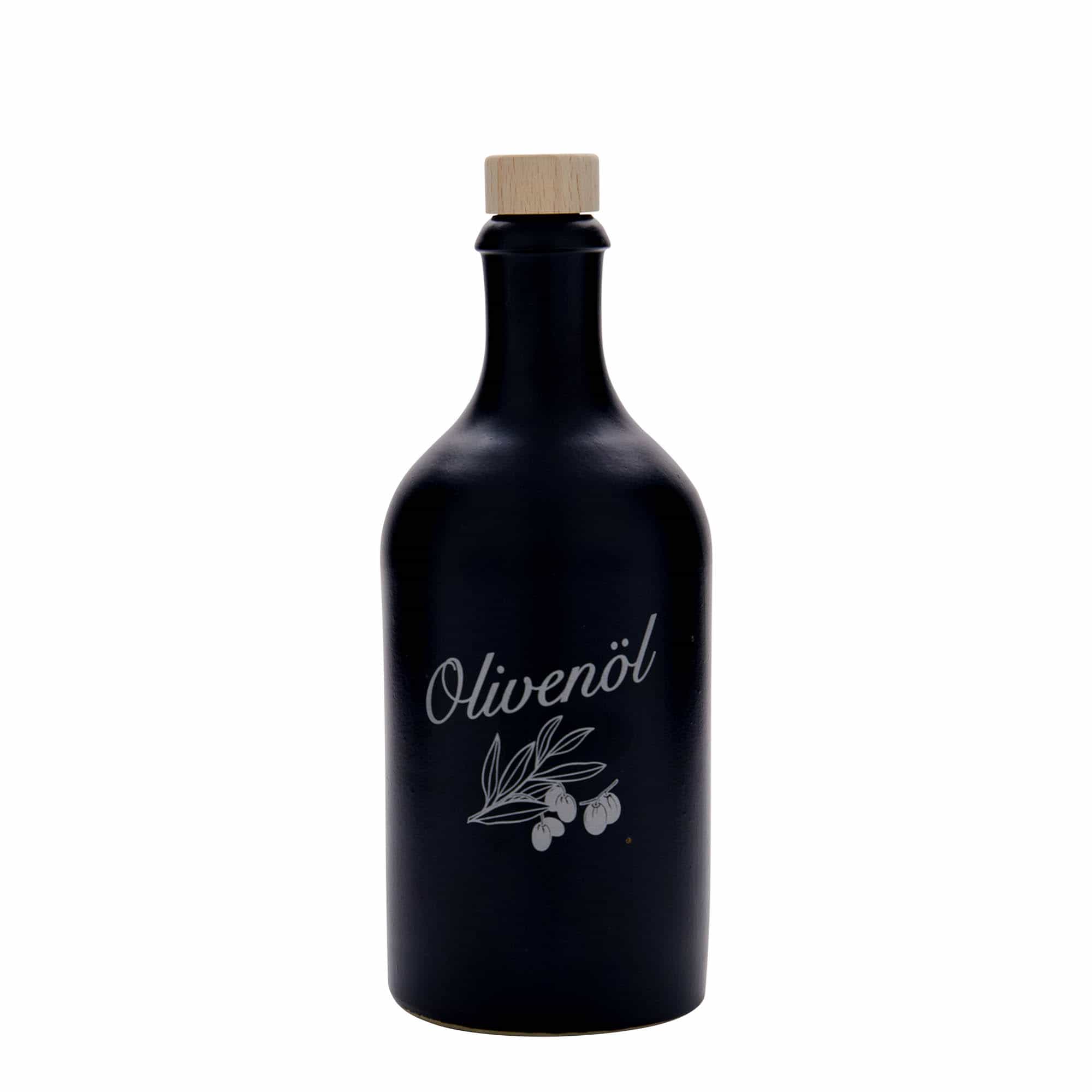 500 ml māla krūka, motīvs: olīveļļa, keramika, melna, aizdare: korķis