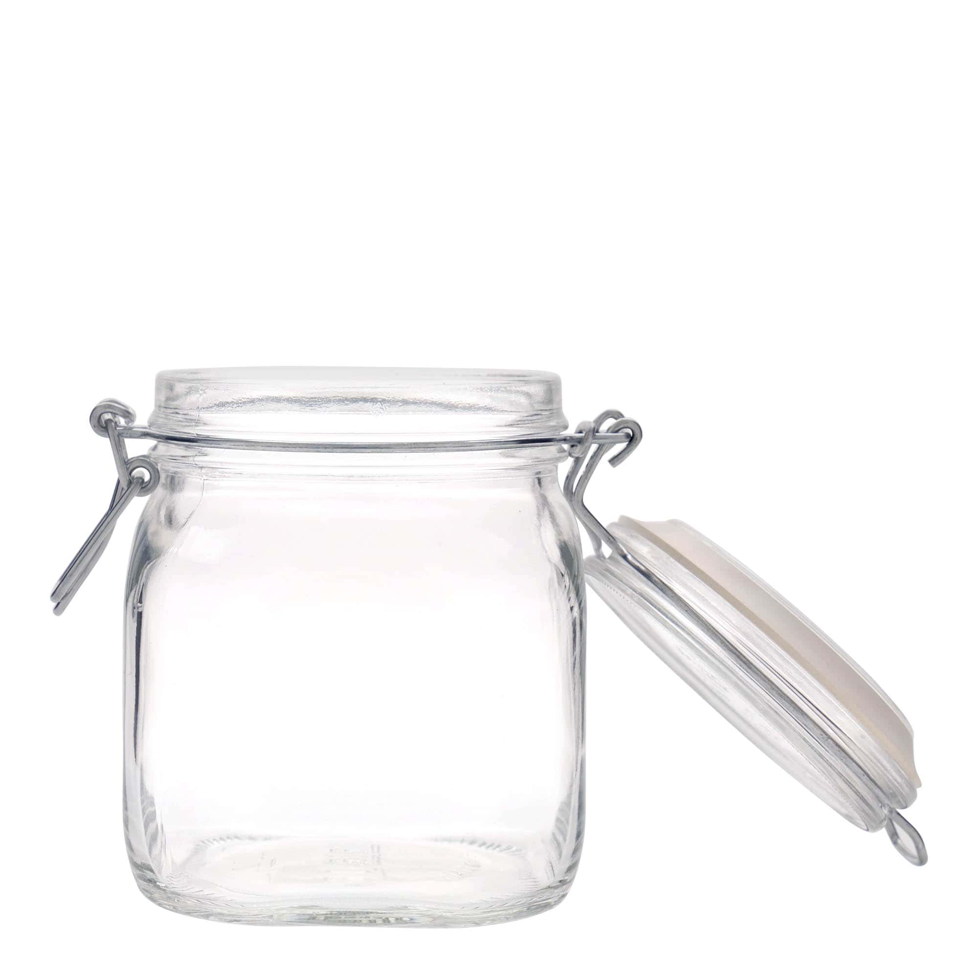 750 ml stiklaina burka ar metāla aizdari 'Fido', kvadrātveida, atvere: metāla aizdare ar stiepli 750 ml stiklaina burka ar metāla aizdari 'Fido', kvadrātveida, atvere: metāla aizdare ar stiepli