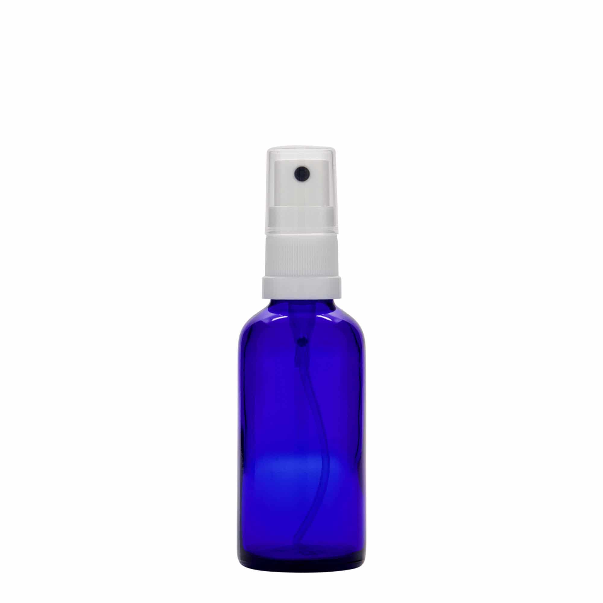 50 ml zāļu pudelīte ar smidzinātāju, stikla, karaliski zila, aizdare: DIN 18 50 ml zāļu pudelīte ar smidzinātāju, stikla, karaliski zila, aizdare: DIN 18