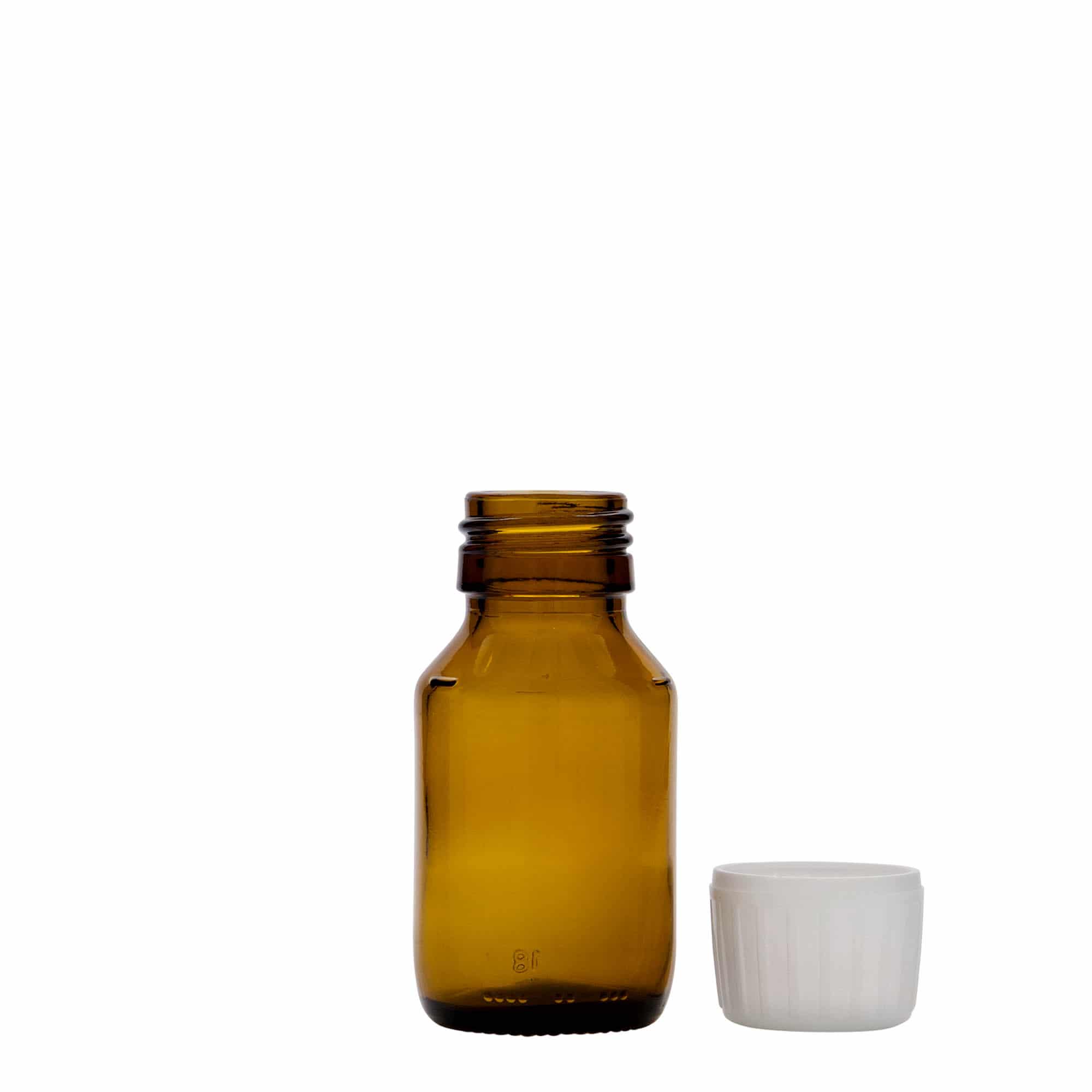 50 ml medicīnas pudele, brūna, stikls, atvere: PP 28