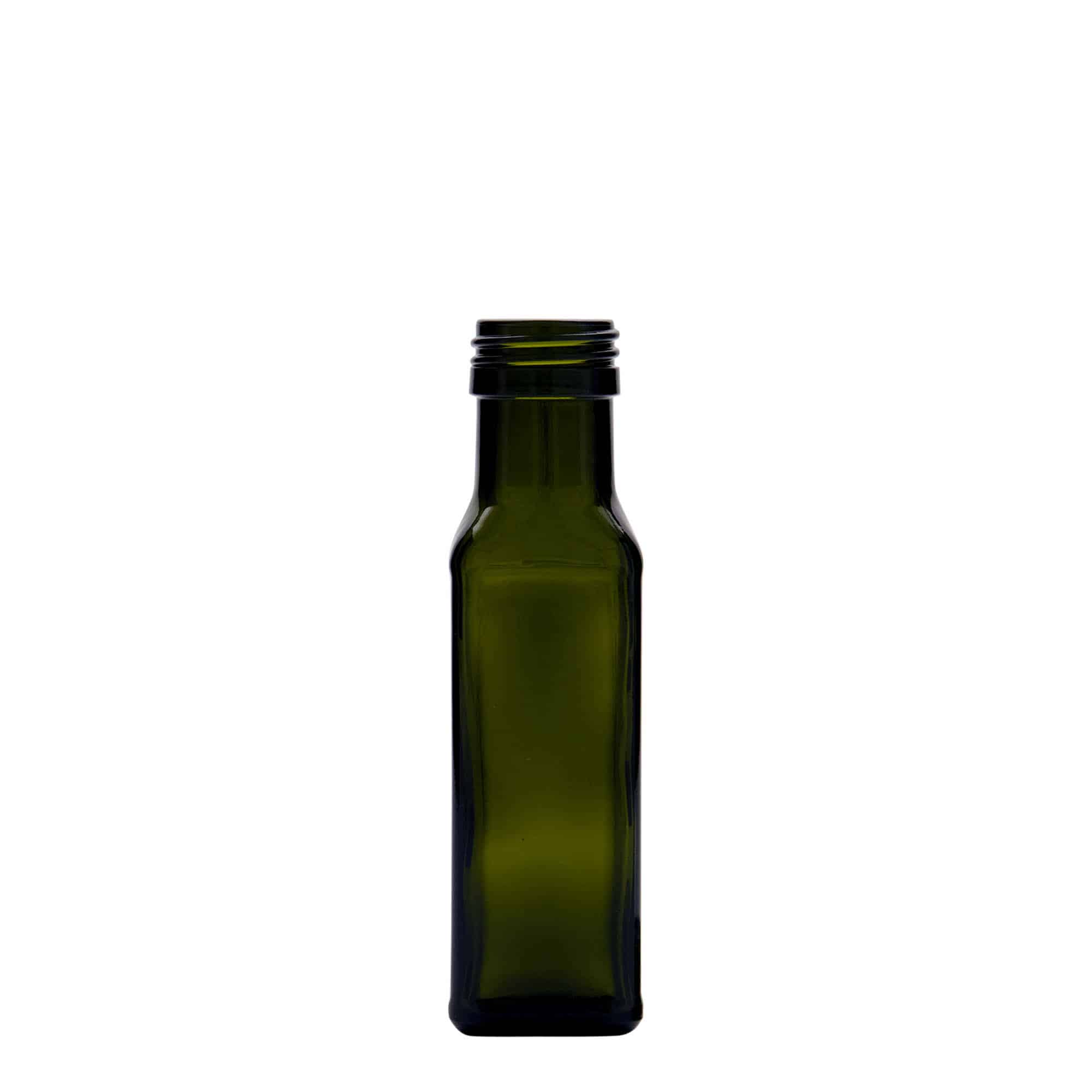 100 ml stikla pudele 'Marasca', kvadrātiska, antīki zaļa, aizdare: PP 31,5