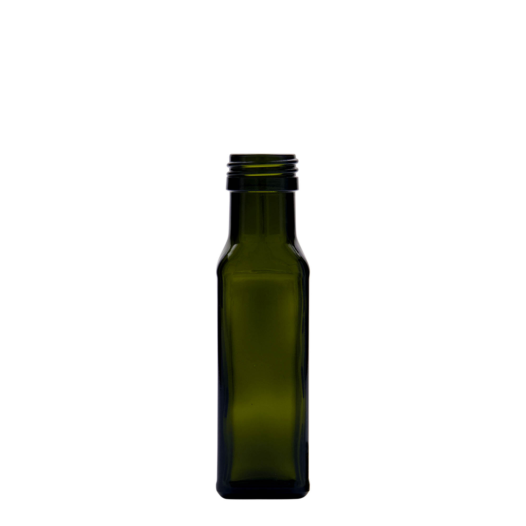 100 ml stikla pudele 'Marasca', kvadrātveida, antīki zaļa, atvere: PP 31,5