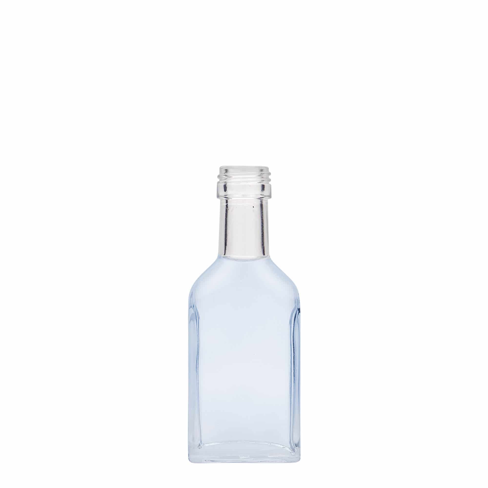 40 ml kabatas pudele ar garu kaklu, taisnstūrveida, stikls, atvere: PP 22