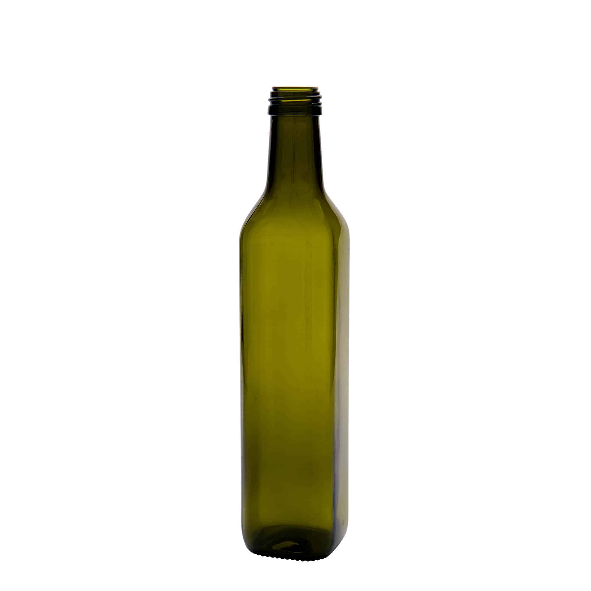 500 ml stikla pudele 'Marasca', kvadrātiska, antīki zaļa, aizdare: PP 31,5