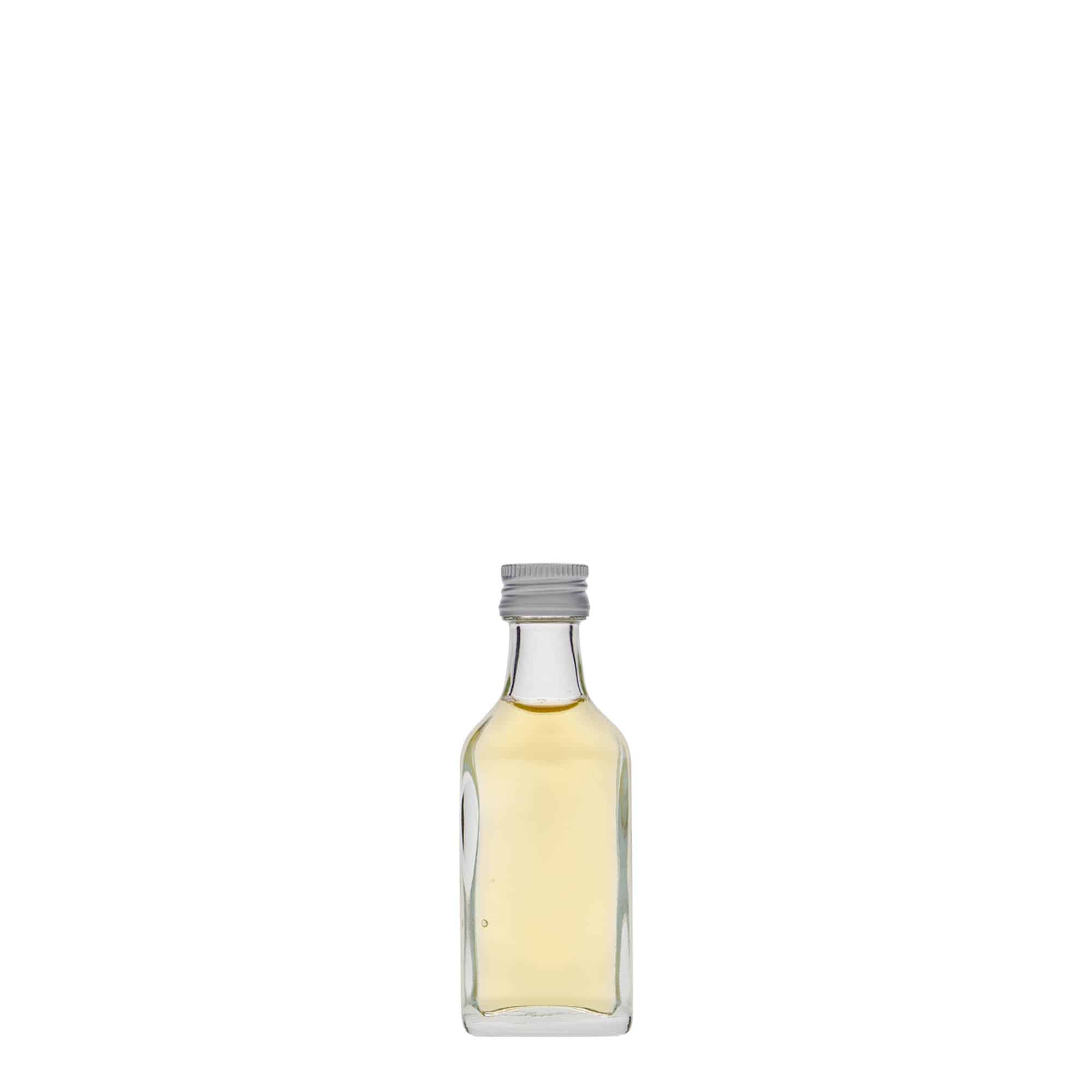 20 ml kabatas pudele, taisnstūrveida, stikls, atvere: PP 18