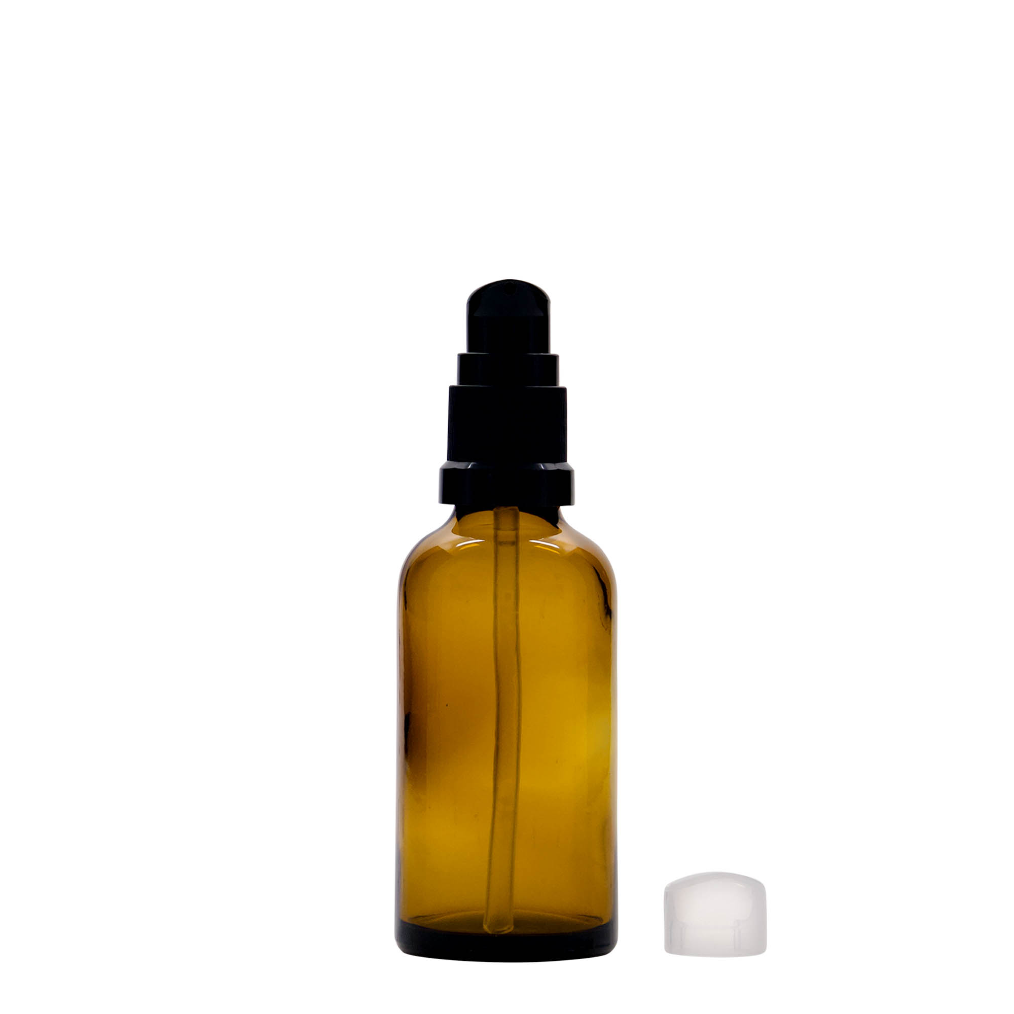 50 ml medicīnas pudelīte ar losjona sūkni, stikls, brūna, atvere: DIN 18