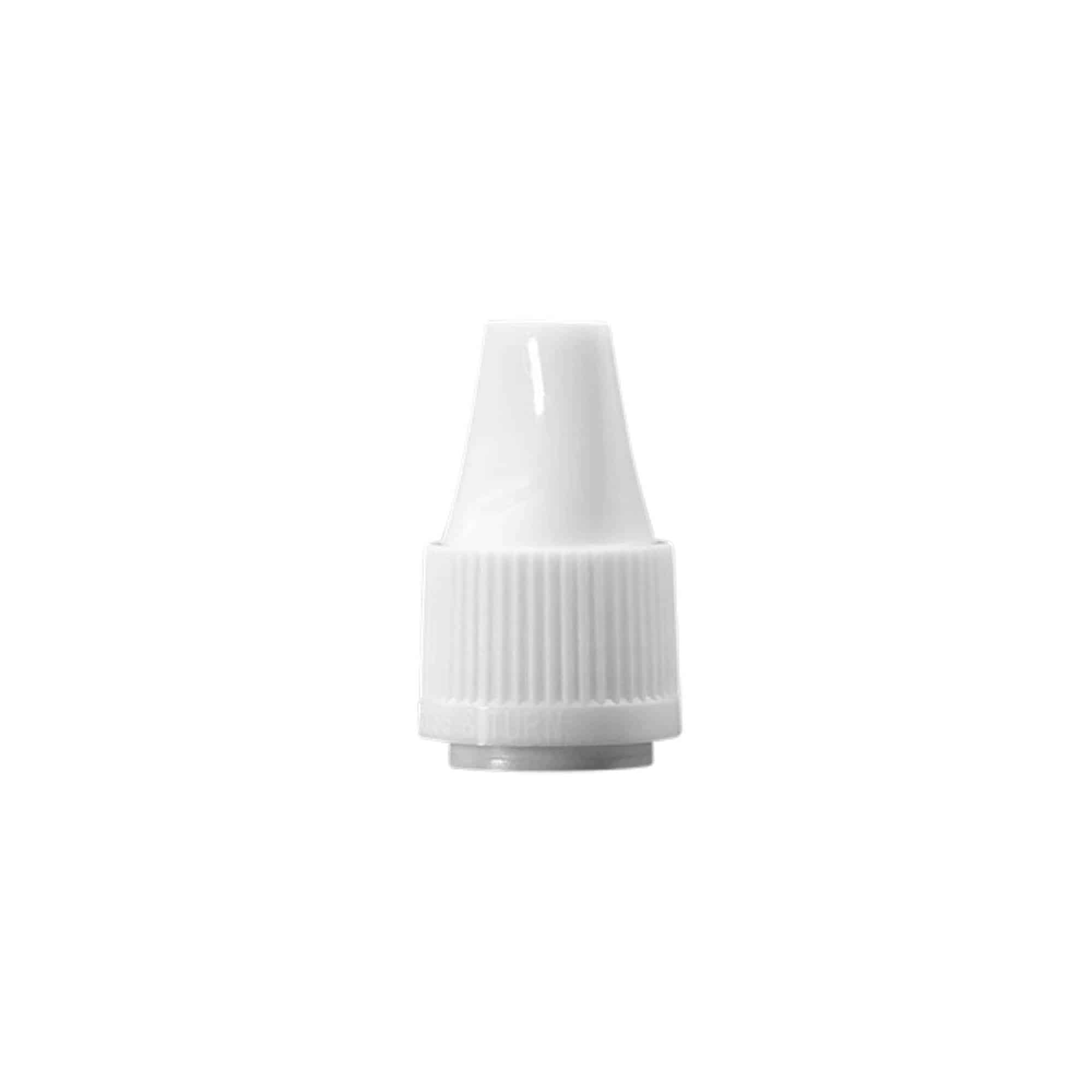 Skrūvējams vāciņš ar kvalitāti garantējošu un bērniem drošu noslēgu 'E-Liquid' pudelei, PP plastmasas, balts