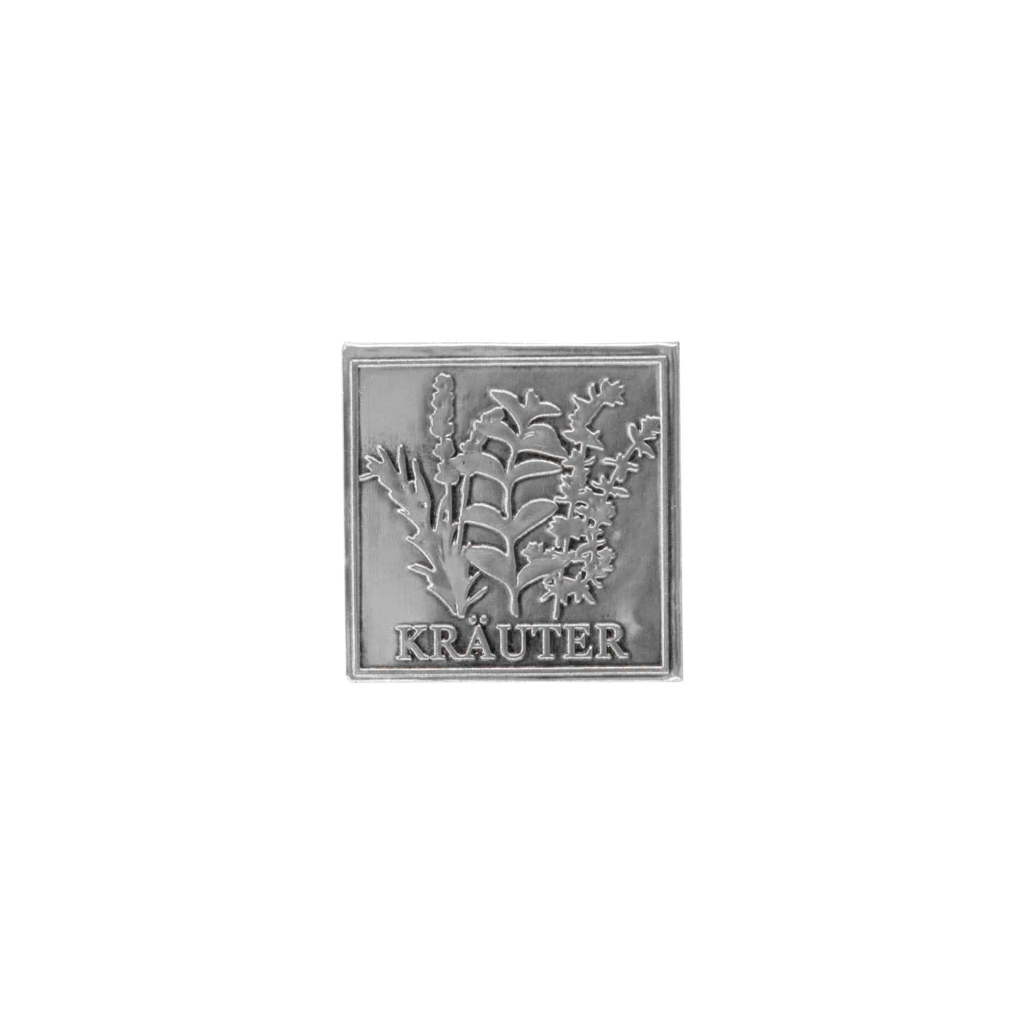 Alvas etiķete 'Zaļumi', kvadrātiska, metāla, sudraba Alvas etiķete 'Zaļumi', kvadrātiska, metāla, sudraba