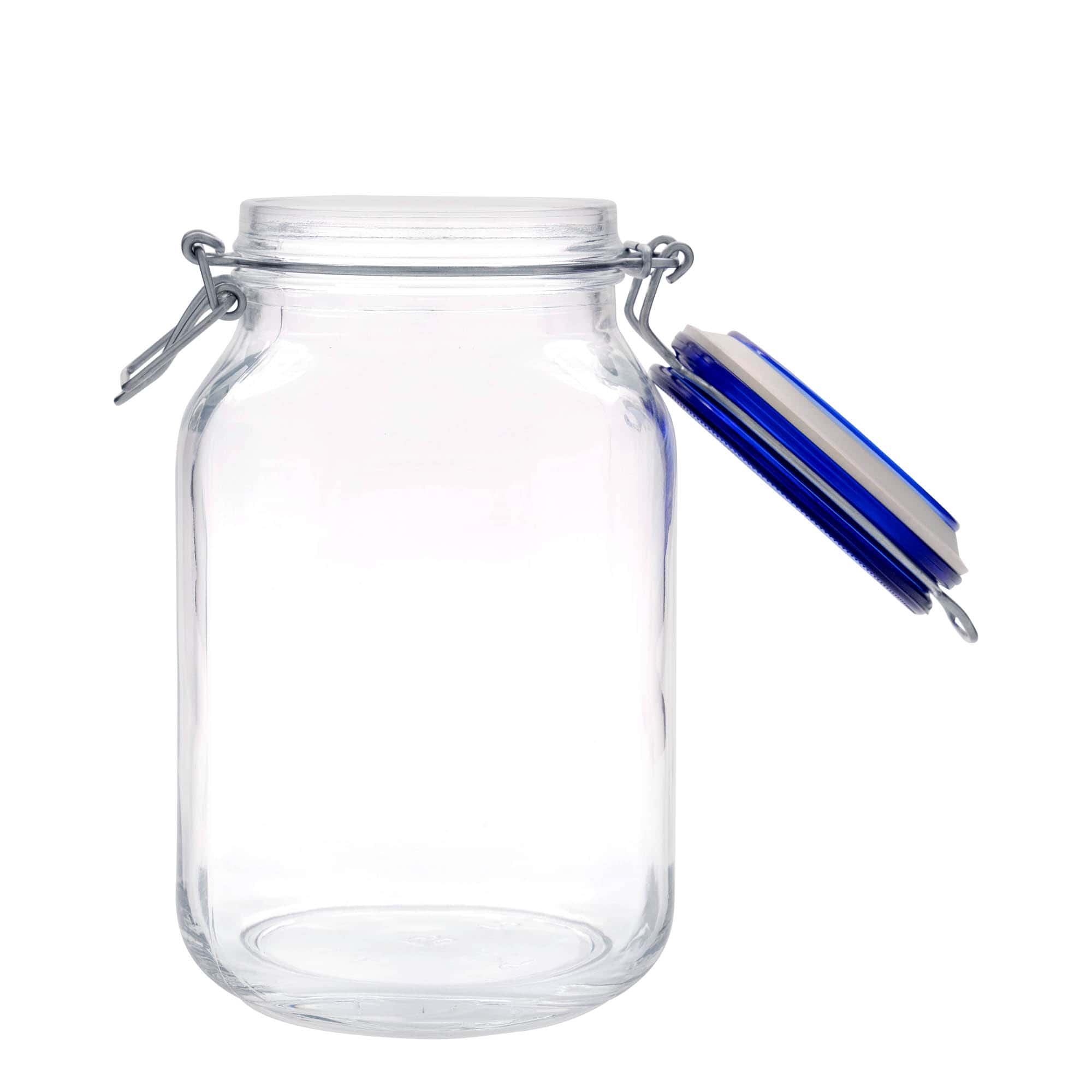 2.000 ml stiklazīme ar metāla aizdari 'Fido' zils vāciņš, kvadrātveida, atvere: metāla aizdare ar stiepli 2.000 ml stiklazīme ar metāla aizdari 'Fido' zils vāciņš, kvadrātveida, atvere: metāla aizdare ar stiepli