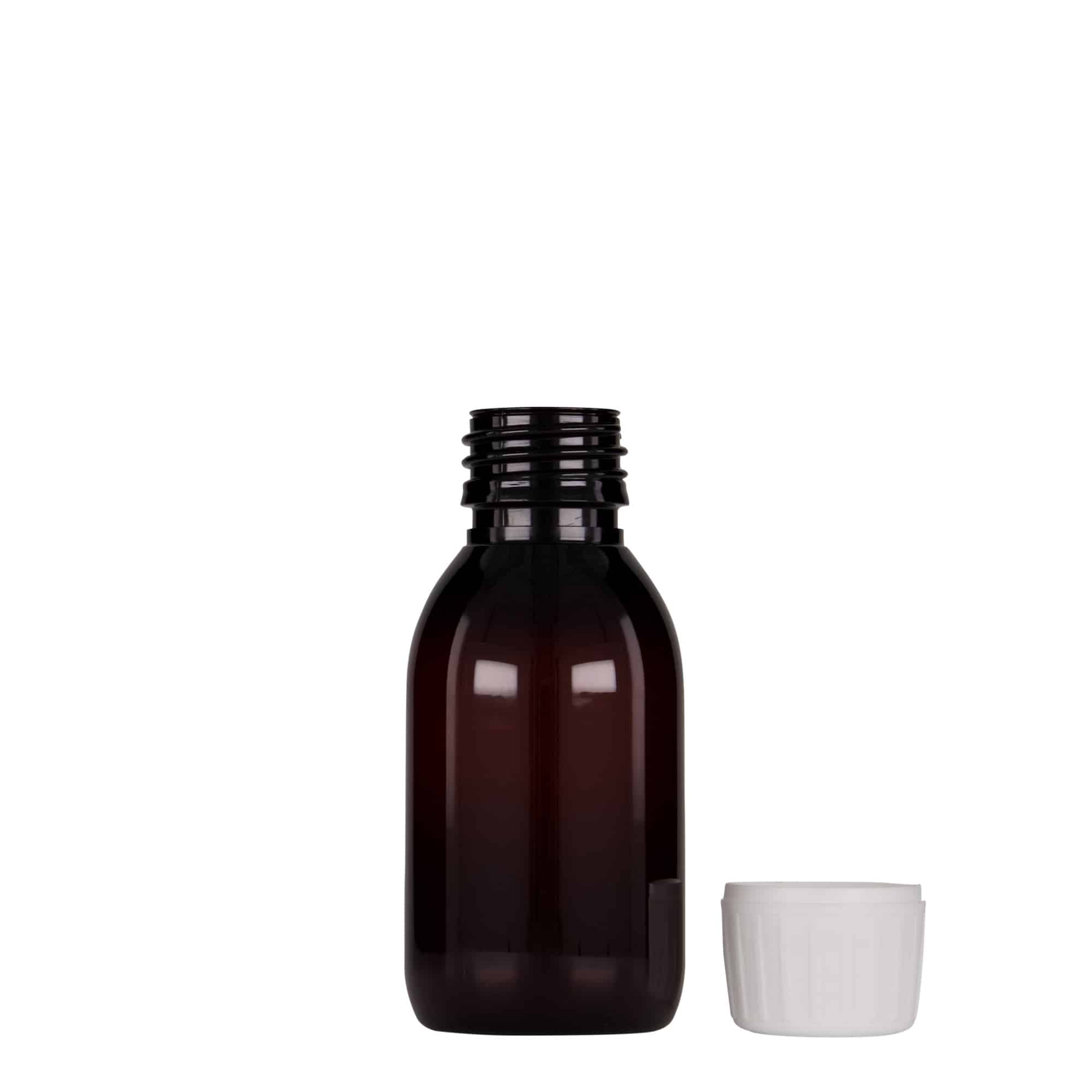 100 ml PET zāļu pudelīte, brūna, plastmasas, aizdare: PP 28