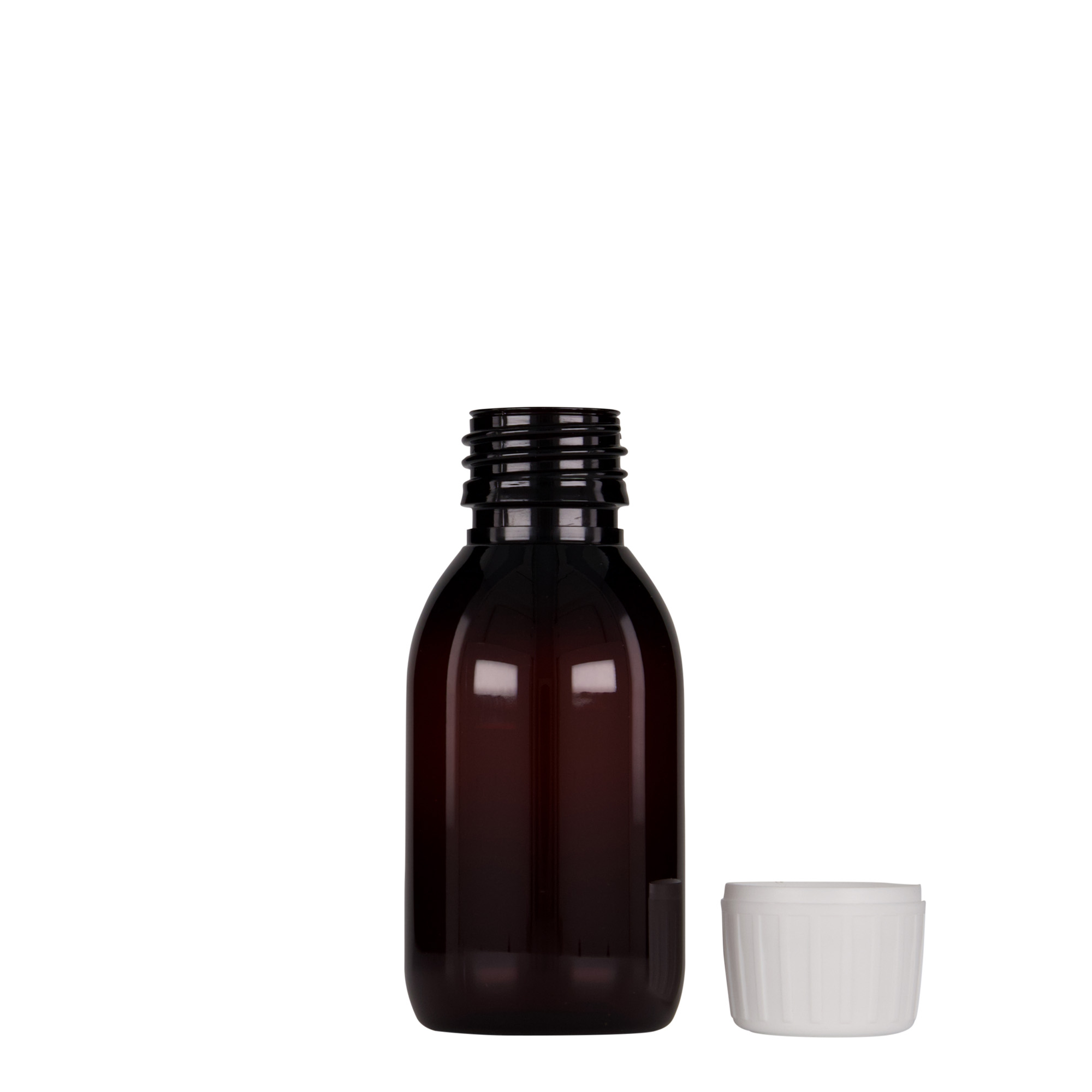 100 ml PET medicīnas pudelīte, brūna, plastmasa, atvere: PP 28