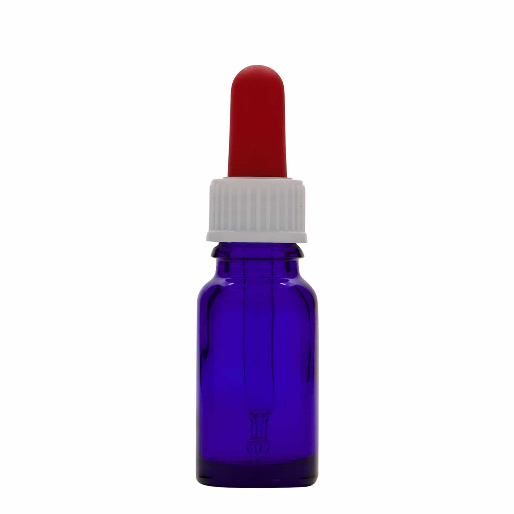 10 ml zāļu pudelīte ar pipeti, stikla, karaliski zila/sarkana, aizdare: DIN 18 10 ml zāļu pudelīte ar pipeti, stikla, karaliski zila/sarkana, aizdare: DIN 18