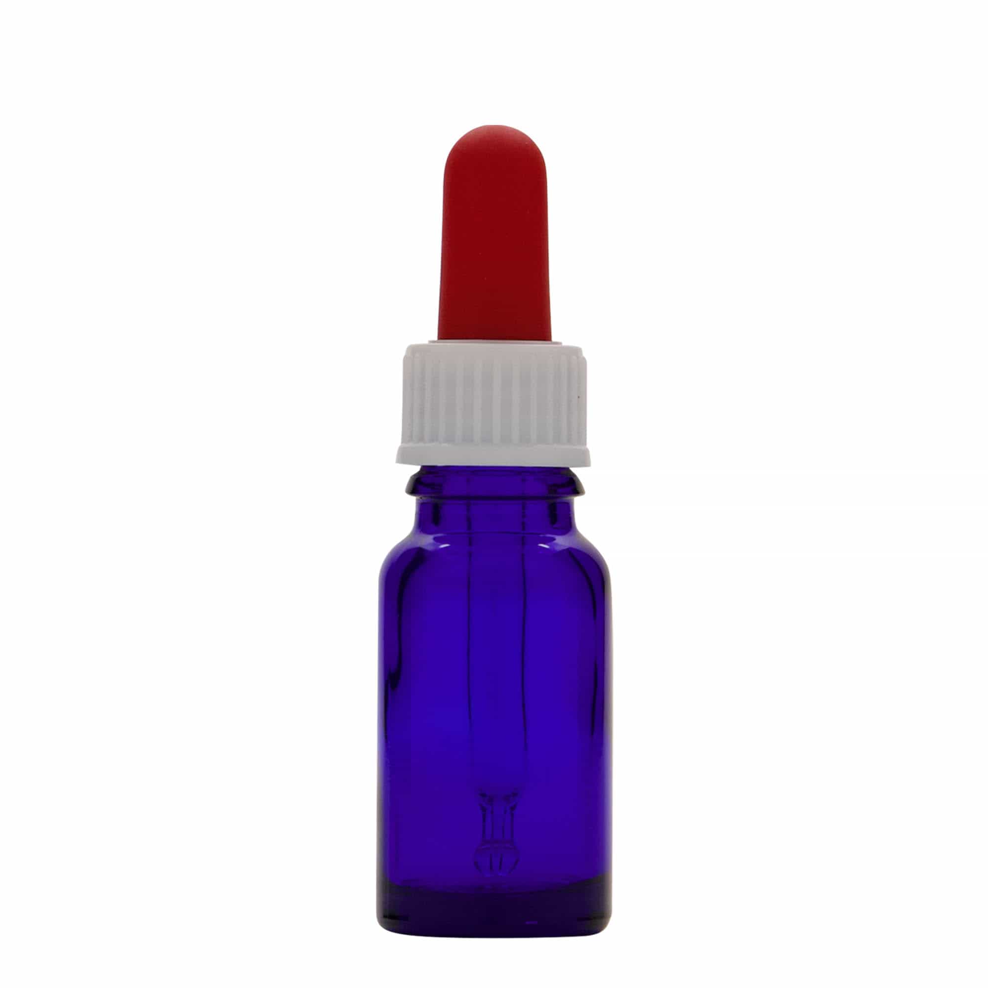 10 ml pilināmā pudelīte medicīnai, stikls, karaliski zils-sarkans, atvere: DIN 18