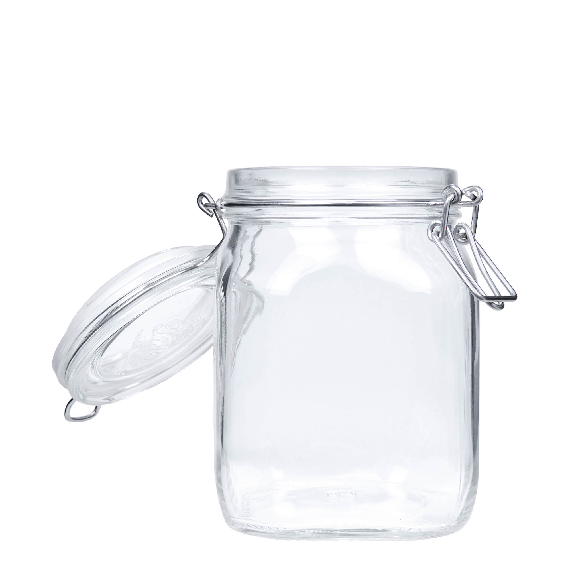 1 000 ml stiklaina burka ar metāla aizdari 'Fido', kvadrātveida, atvere: metāla aizdare ar stiepli 1 000 ml stiklaina burka ar metāla aizdari 'Fido', kvadrātveida, atvere: metāla aizdare ar stiepli