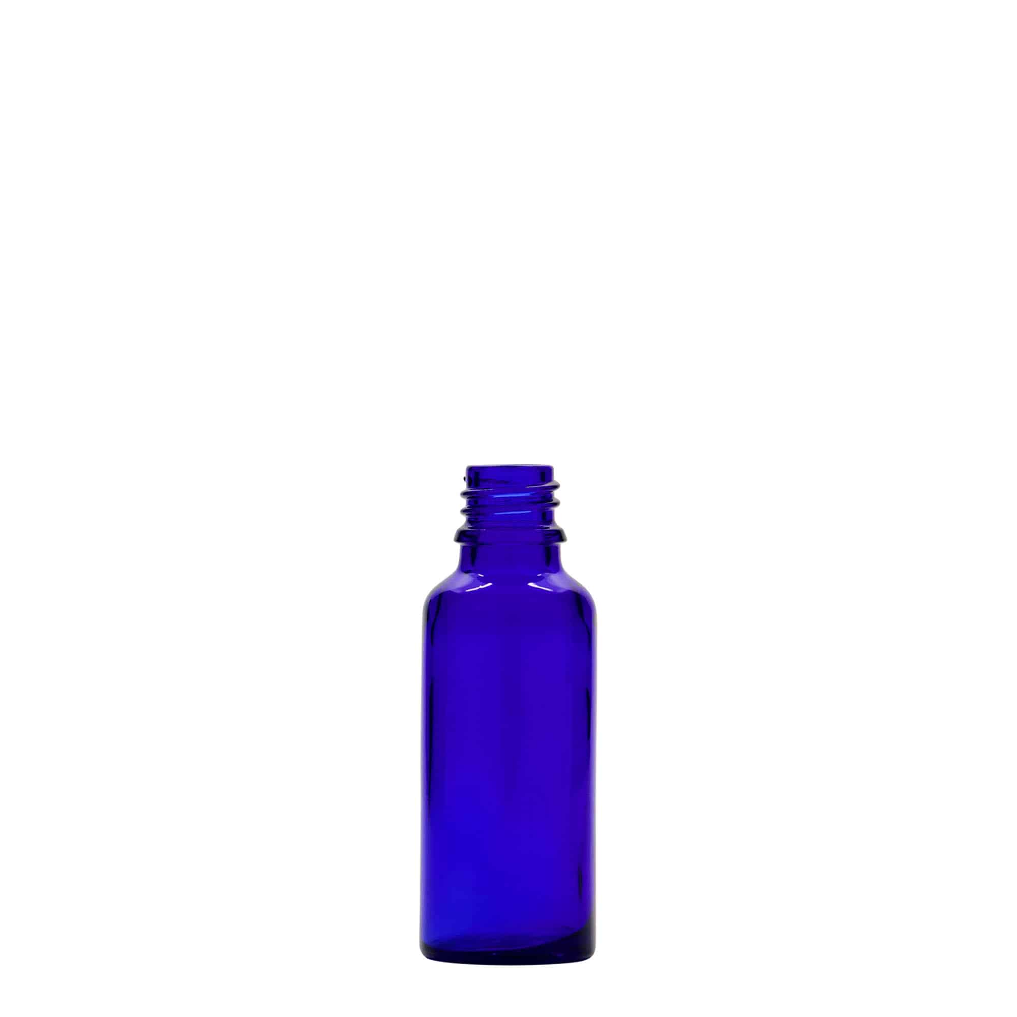 30 ml zāļu pudelīte, stikla, karaliski zila, aizdare: DIN 18 30 ml zāļu pudelīte, stikla, karaliski zila, aizdare: DIN 18