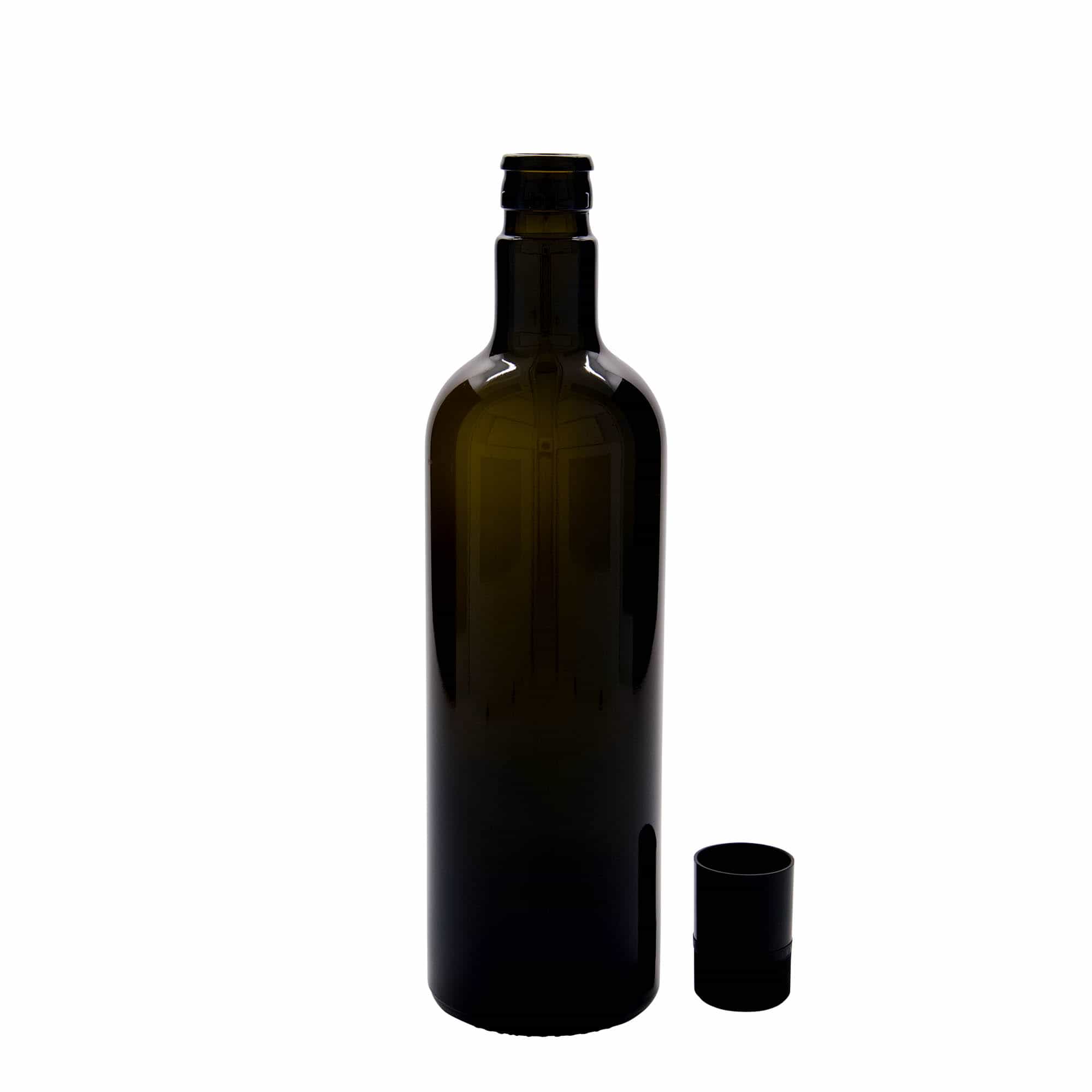 750 ml etiķa/eļļas pudele 'Willy New', stikla, antīki zaļa, aizdare: DOP