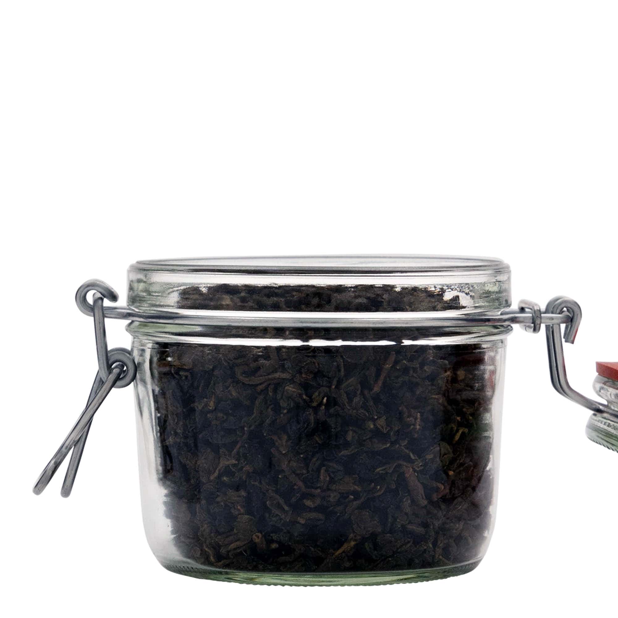 400 ml plakans stikla burka ar metāla aizdari, atvere: metāla aizdare ar stiepli