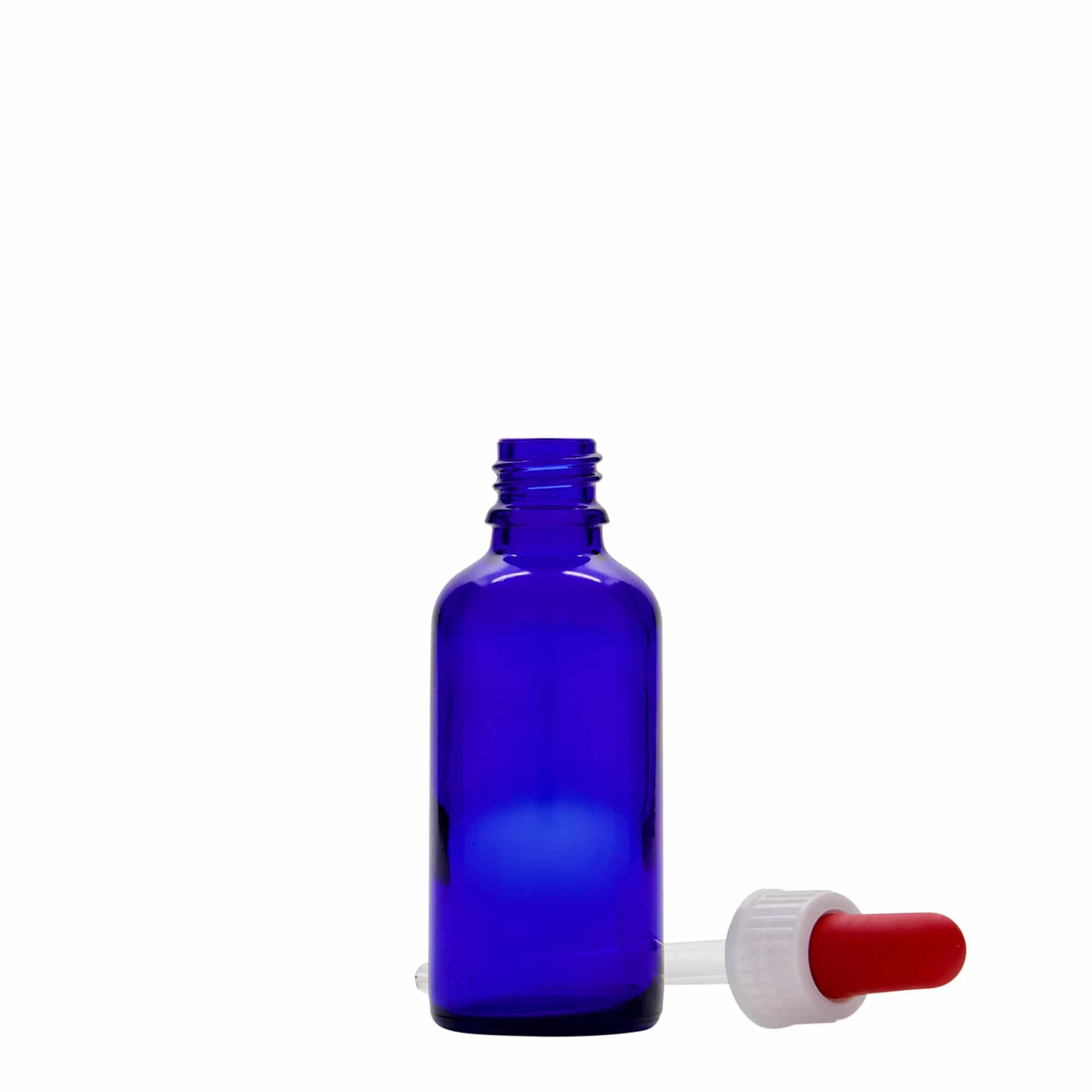 50 ml pilināšanas pudelīte medicīniskiem nolūkiem, stikls, karaliski zils-sarkans, atvere: DIN 18