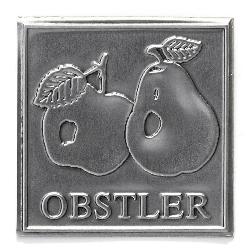Metāla sudraba kvadrātveida etiķete "Obstler" Metāla sudraba kvadrātveida etiķete "Obstler"