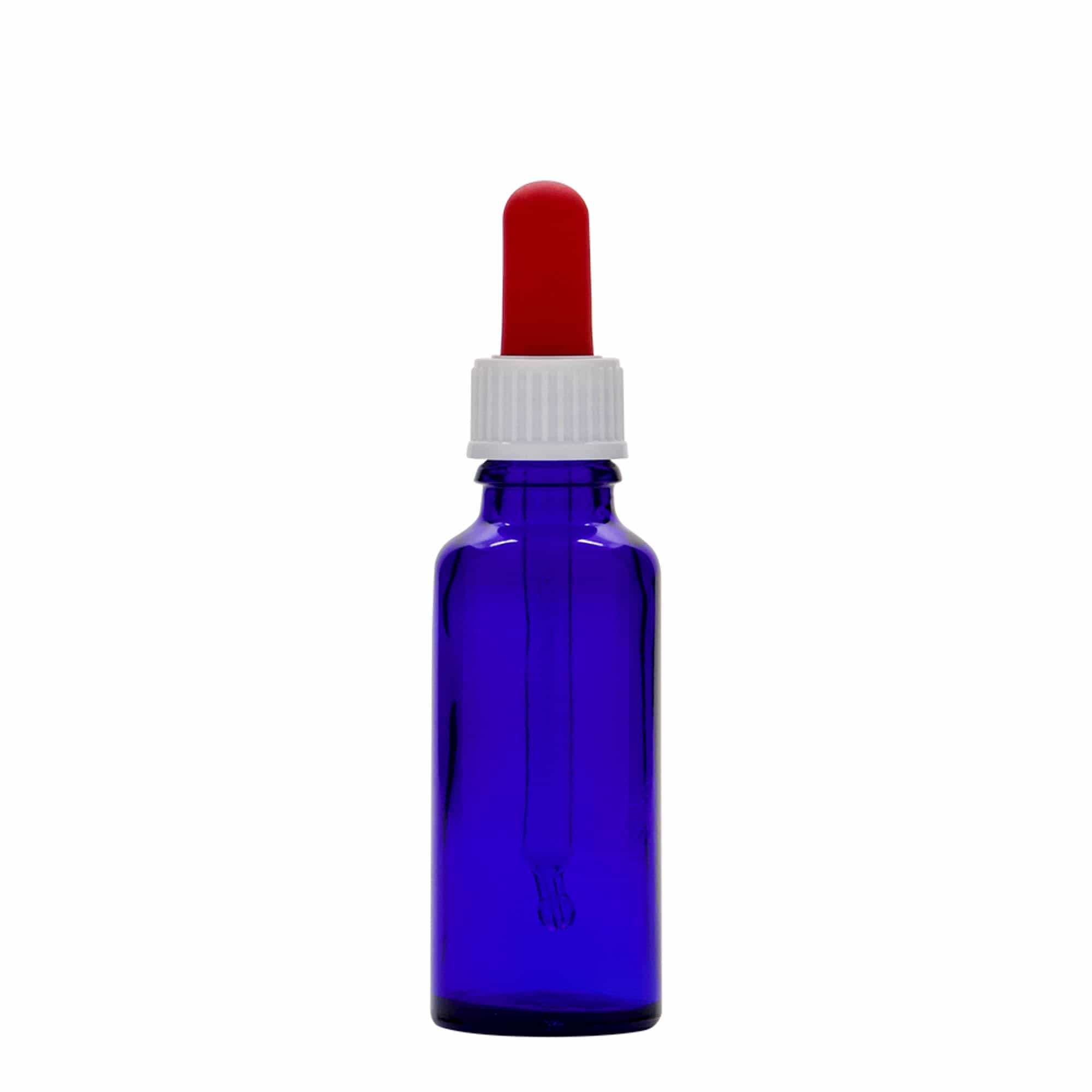 30 ml pilināmā pudelīte medicīnai, stikls, karaliski zils-sarkans, atvere: DIN 18