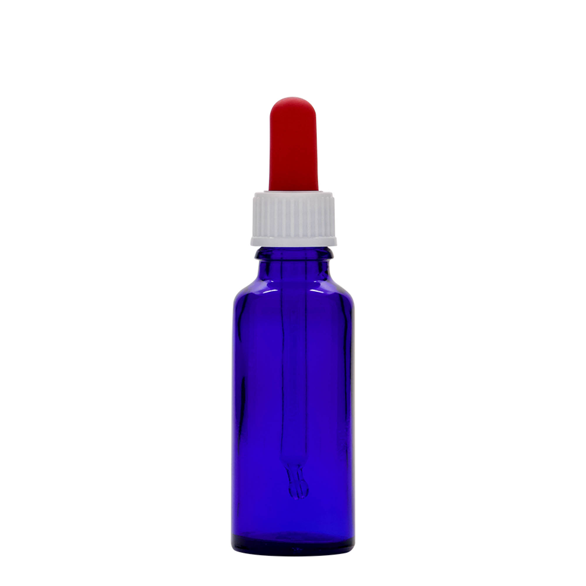 30 ml pilināmā pudelīte medicīnai, stikls, karaliski zils-sarkans, atvere: DIN 18