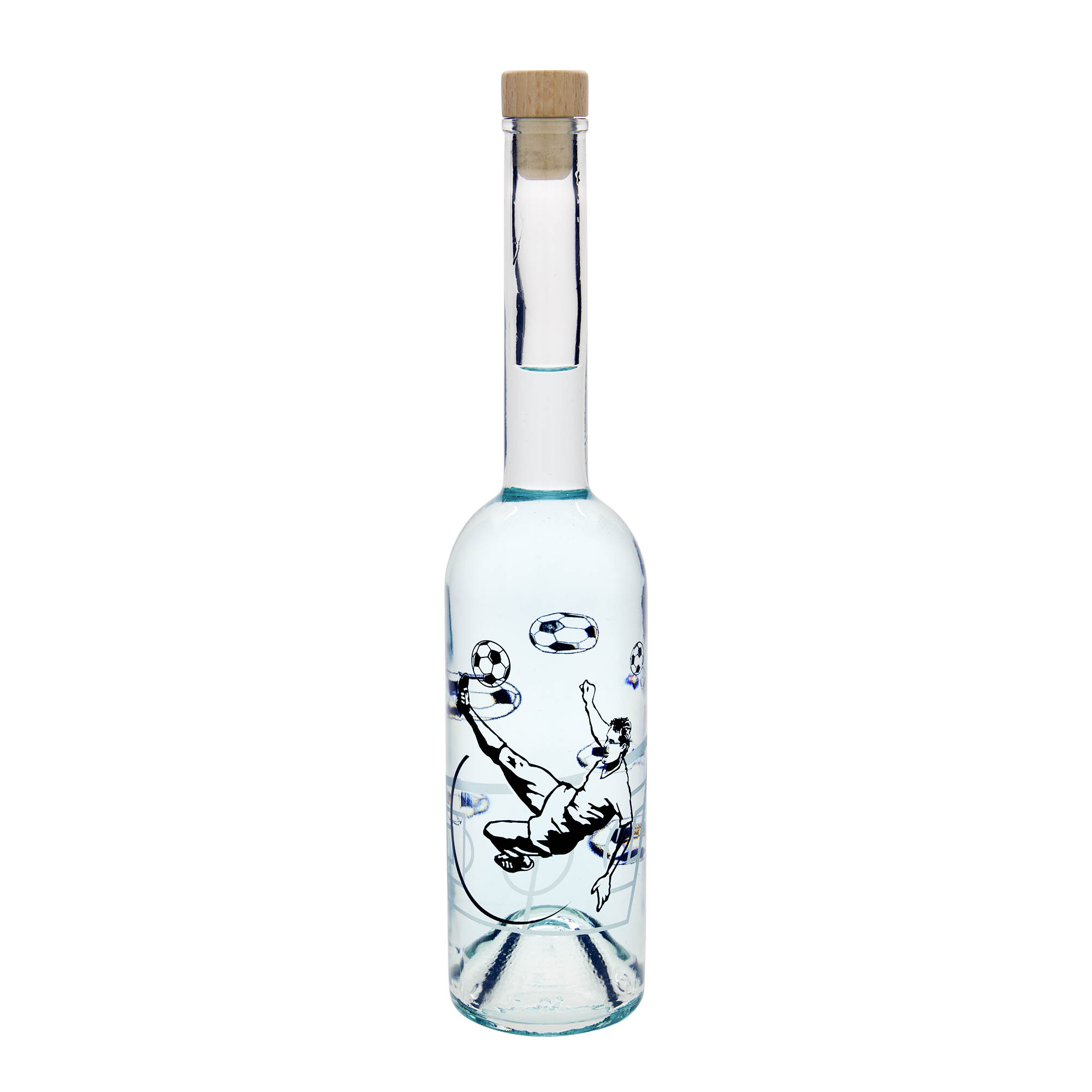 500 ml stikla pudele 'Opera', motīvs: futbolists, atvere: korķis 500 ml stikla pudele 'Opera', motīvs: futbolists, atvere: korķis