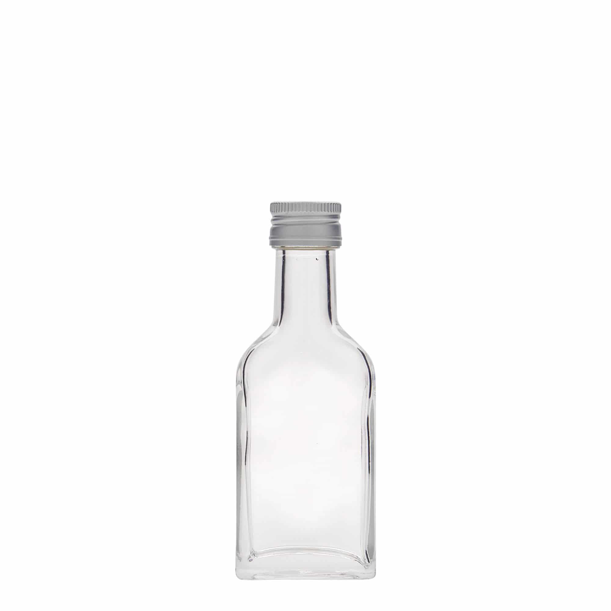 40 ml kabatas pudele ar garu kaklu, taisnstūrveida, stikls, atvere: PP 22