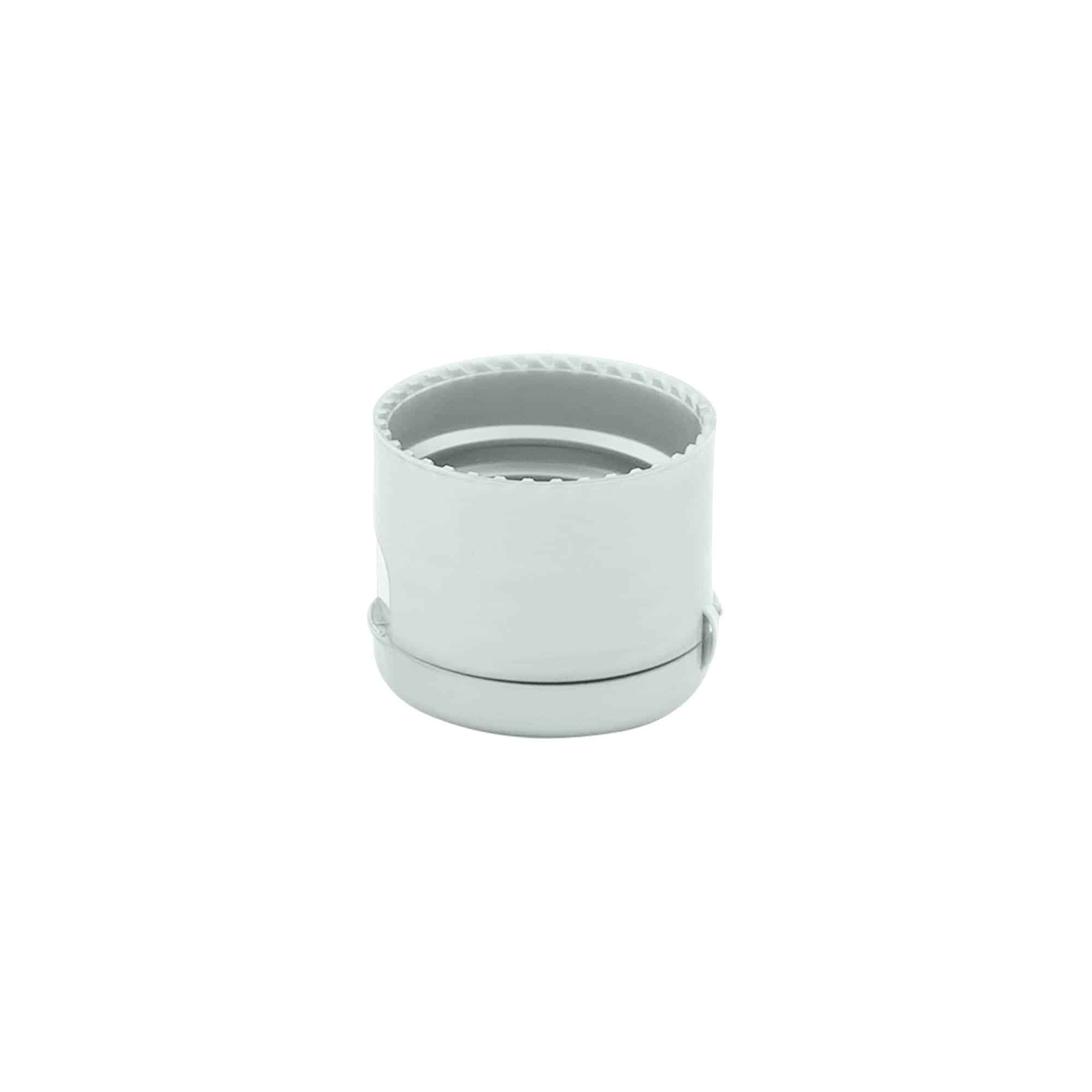 Skrūvējams vāciņš ar locīklodziņu, PP plastmasa, sudraba krāsā, mutes izmērs: 24/410 Skrūvējams vāciņš ar locīklodziņu, PP plastmasa, sudraba krāsā, mutes izmērs: 24/410