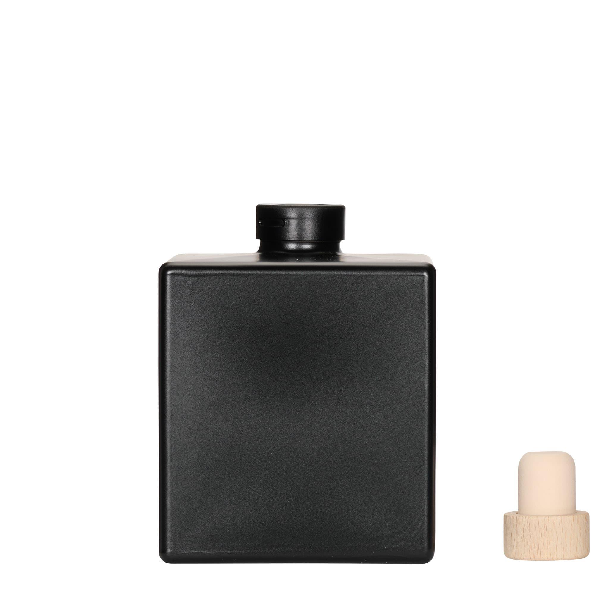 500 ml stikla pudele 'Cube', kvadrātiska, melna, atvere: korķis