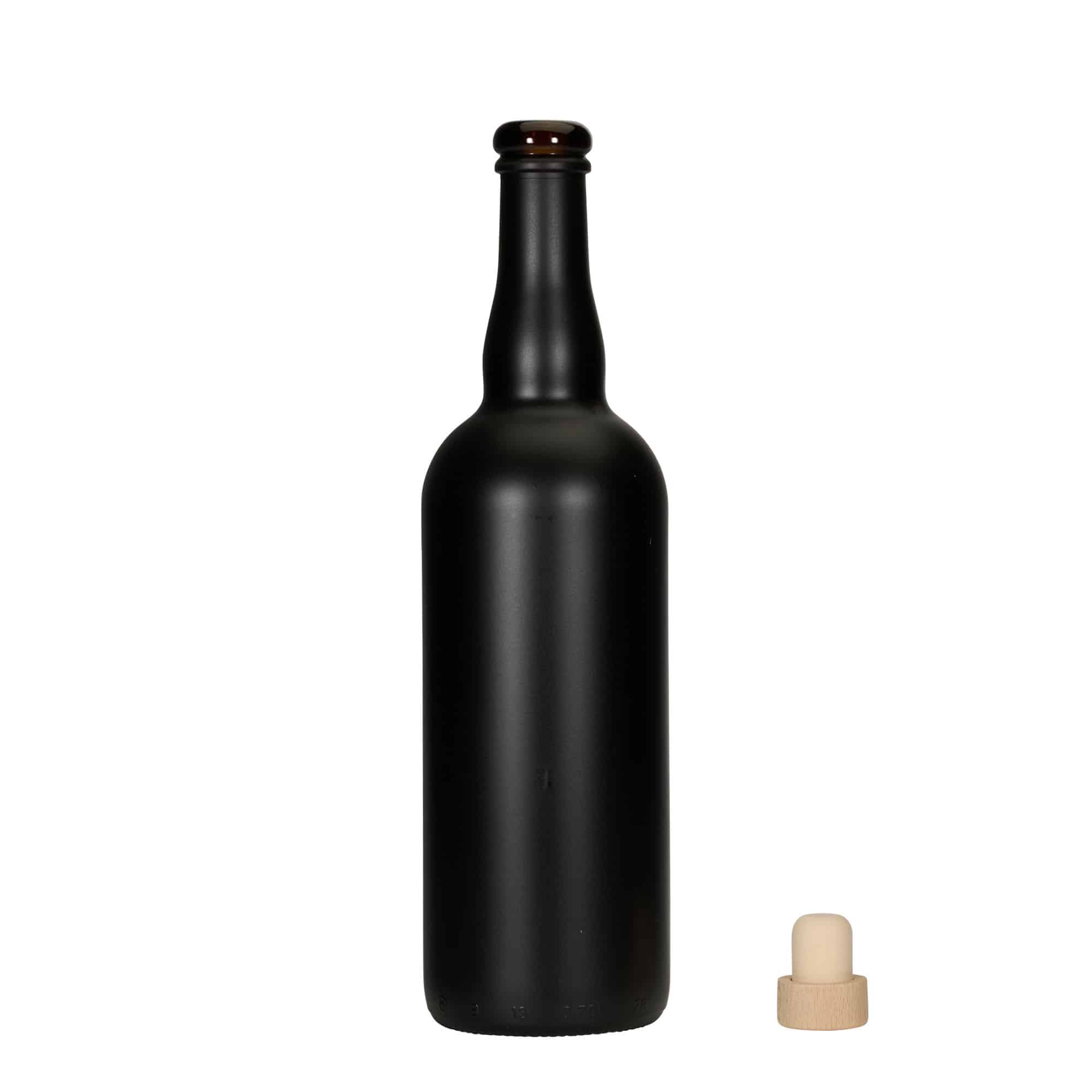 750 ml alaus butelis Belgija, stiklas, juodas, kaklelis: kamštis