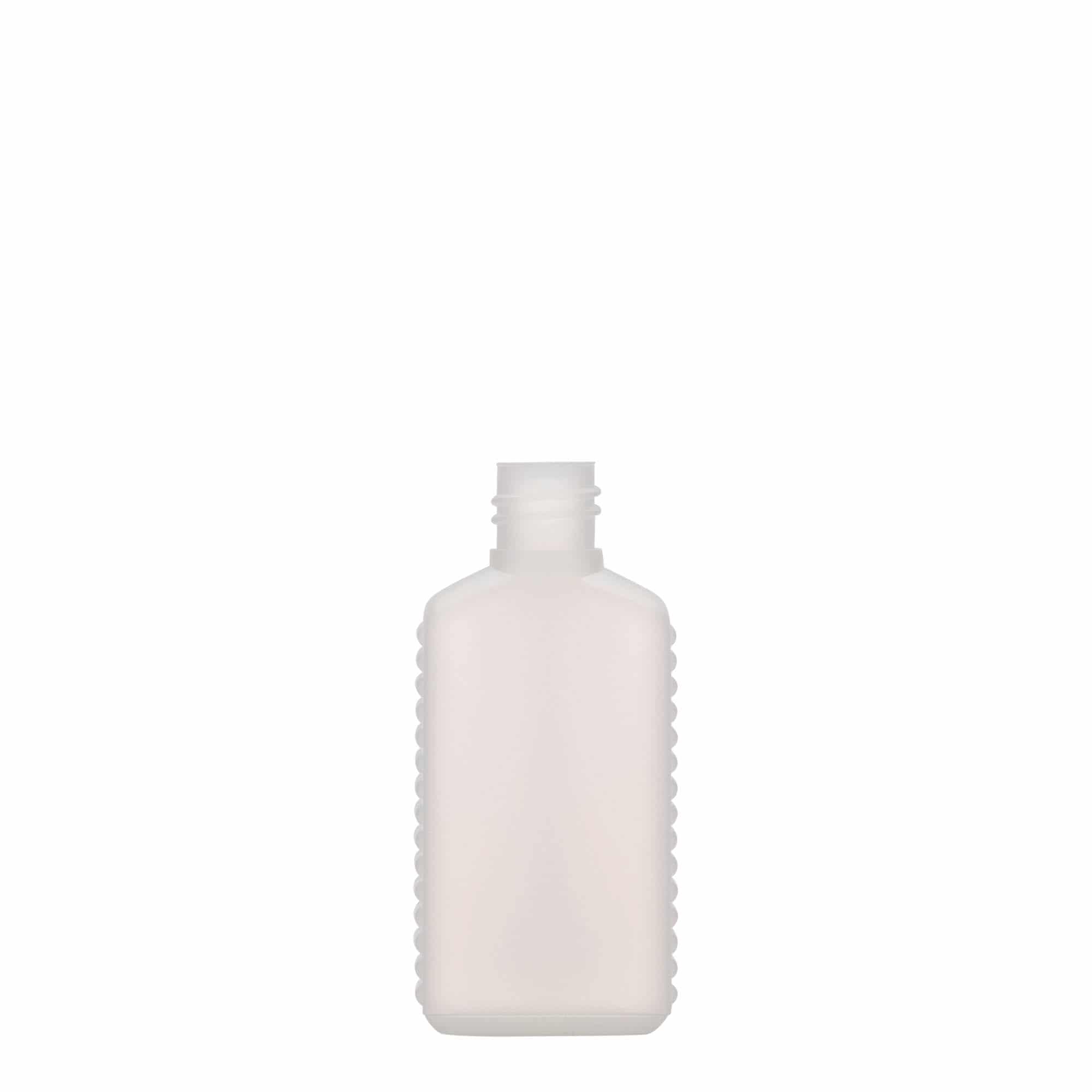50 ml kārbas tipa pudele ar sašaurinātu kakliņu, taisnstūra, HDPE plastmasas, dabīga, aizdare: DIN 18 50 ml kārbas tipa pudele ar sašaurinātu kakliņu, taisnstūra, HDPE plastmasas, dabīga, aizdare: DIN 18