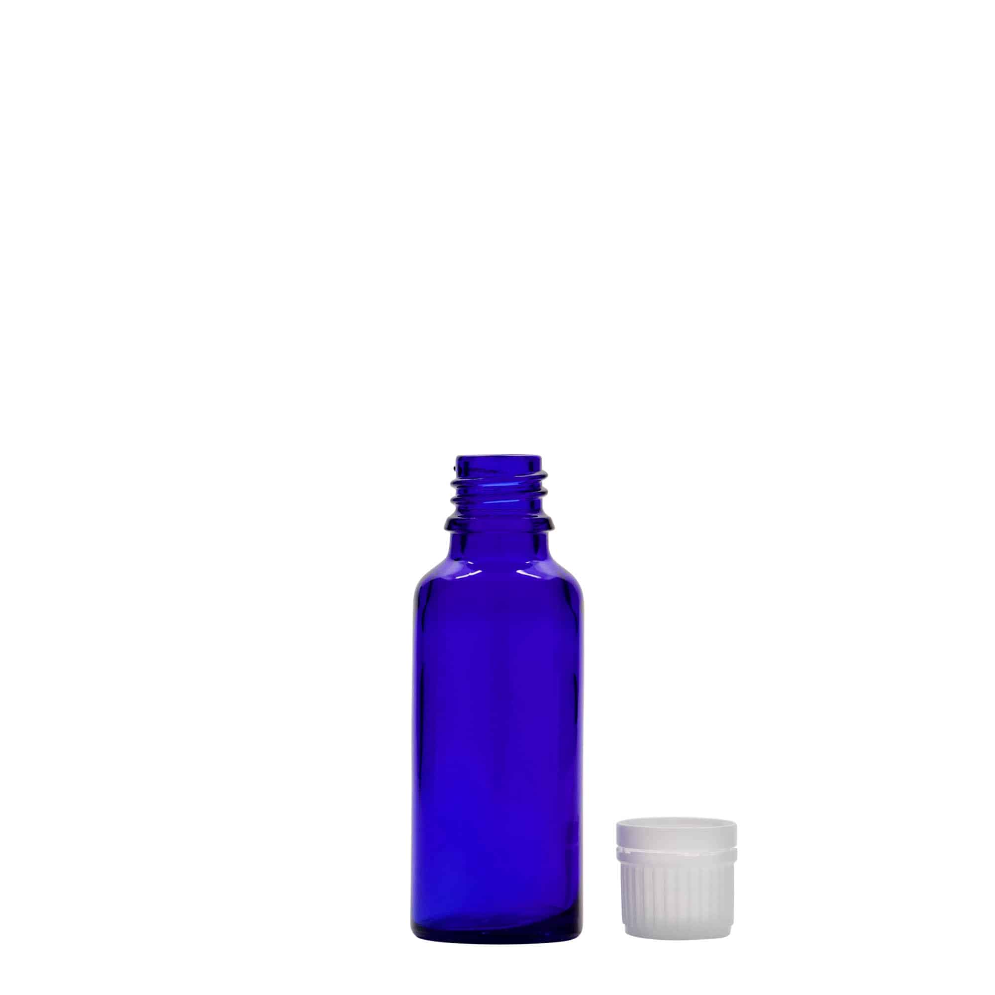 30 ml zāļu pudelīte, stikla, karaliski zila, aizdare: DIN 18