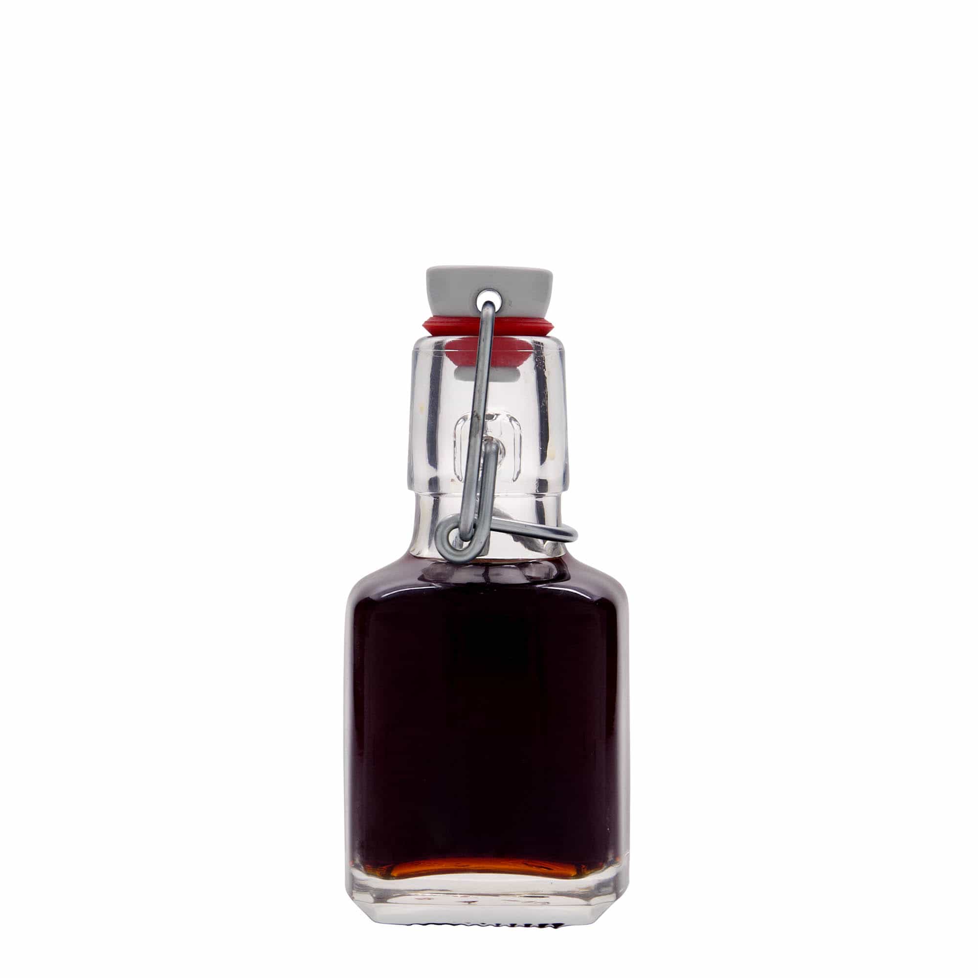 100 ml stikla pudele 'Kubica', kvadrātiska, aizdare: korķis ar skavu