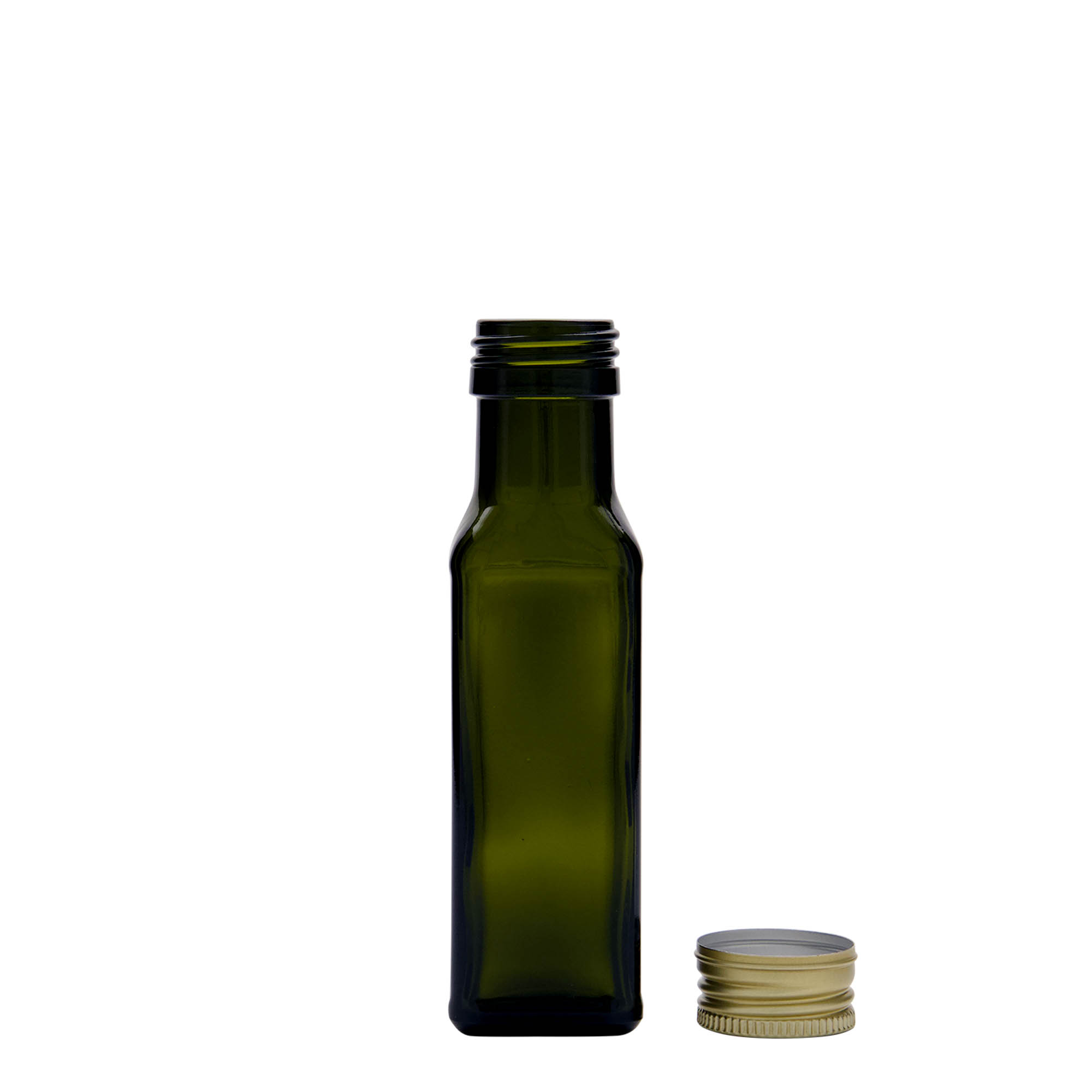100 ml stikla pudele 'Marasca', kvadrātveida, antīki zaļa, atvere: PP 31,5