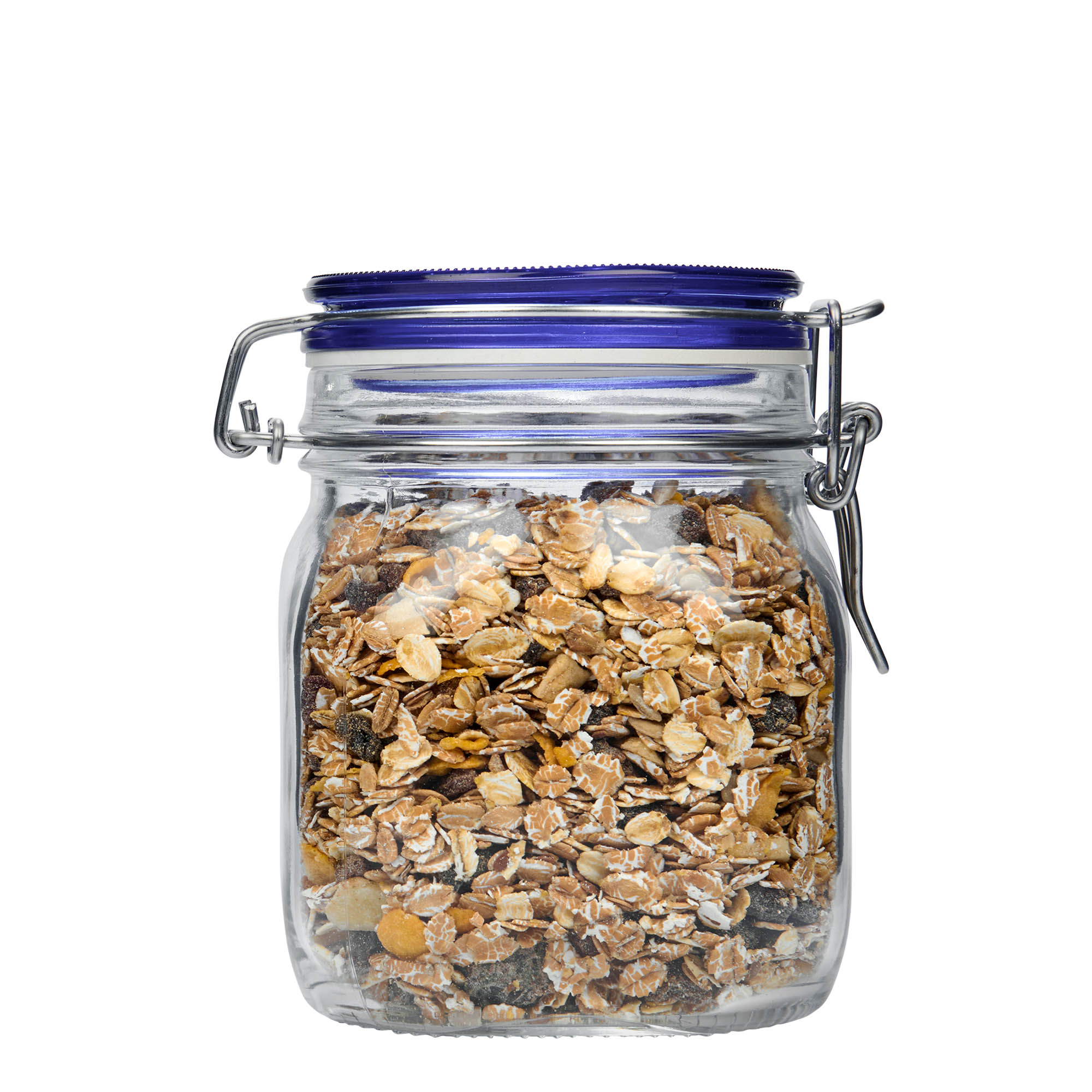 750 ml stiklaina burka ar metāla aizdari 'Fido' ar zilu vāciņu, kvadrātveida, atvere: metāla aizdare