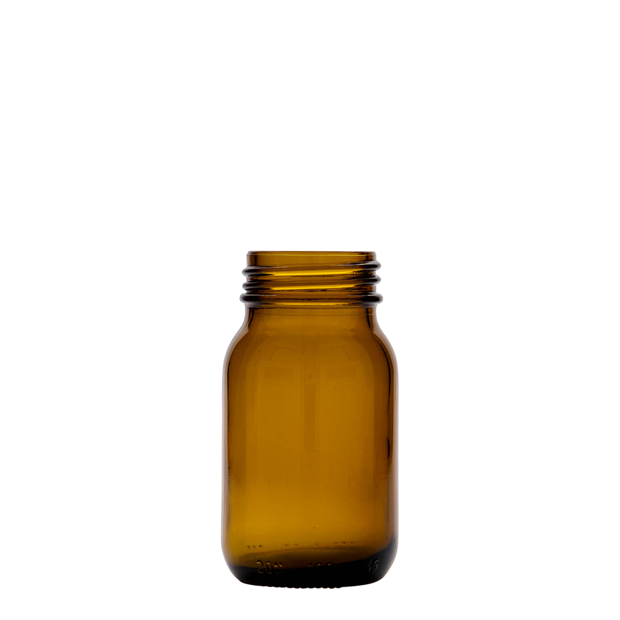 100 ml plašas kakla stikla burka, brūna, atvere: DIN 40 100 ml plašas kakla stikla burka, brūna, atvere: DIN 40