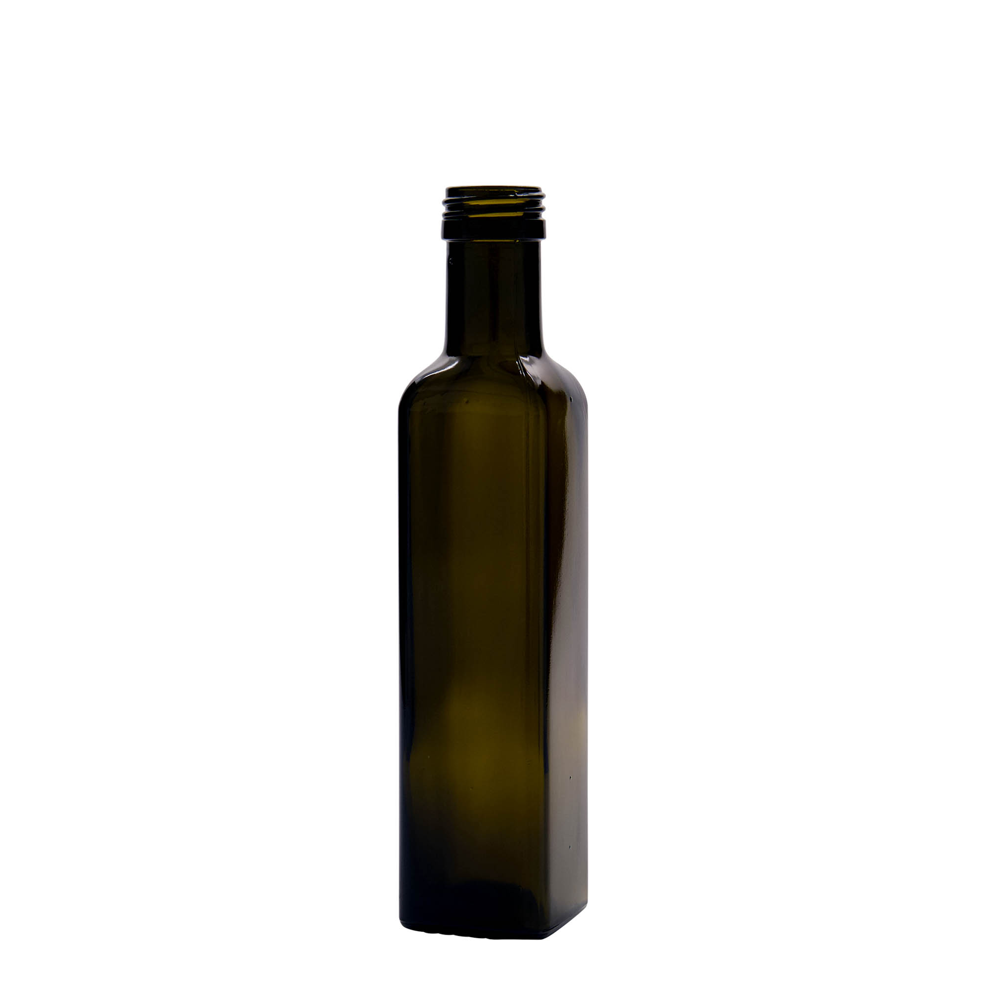 250 ml stikla pudele 'Marasca', kvadrātveida, antīkzaļa, atvere: PP 31,5