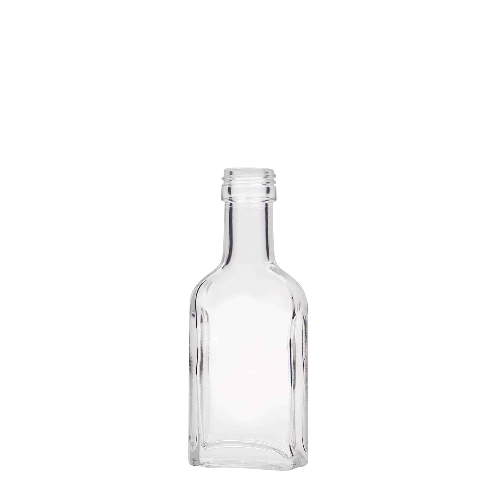 40 ml kabatas pudele ar garu kaklu, taisnstūrveida, stikls, atvere: PP 22