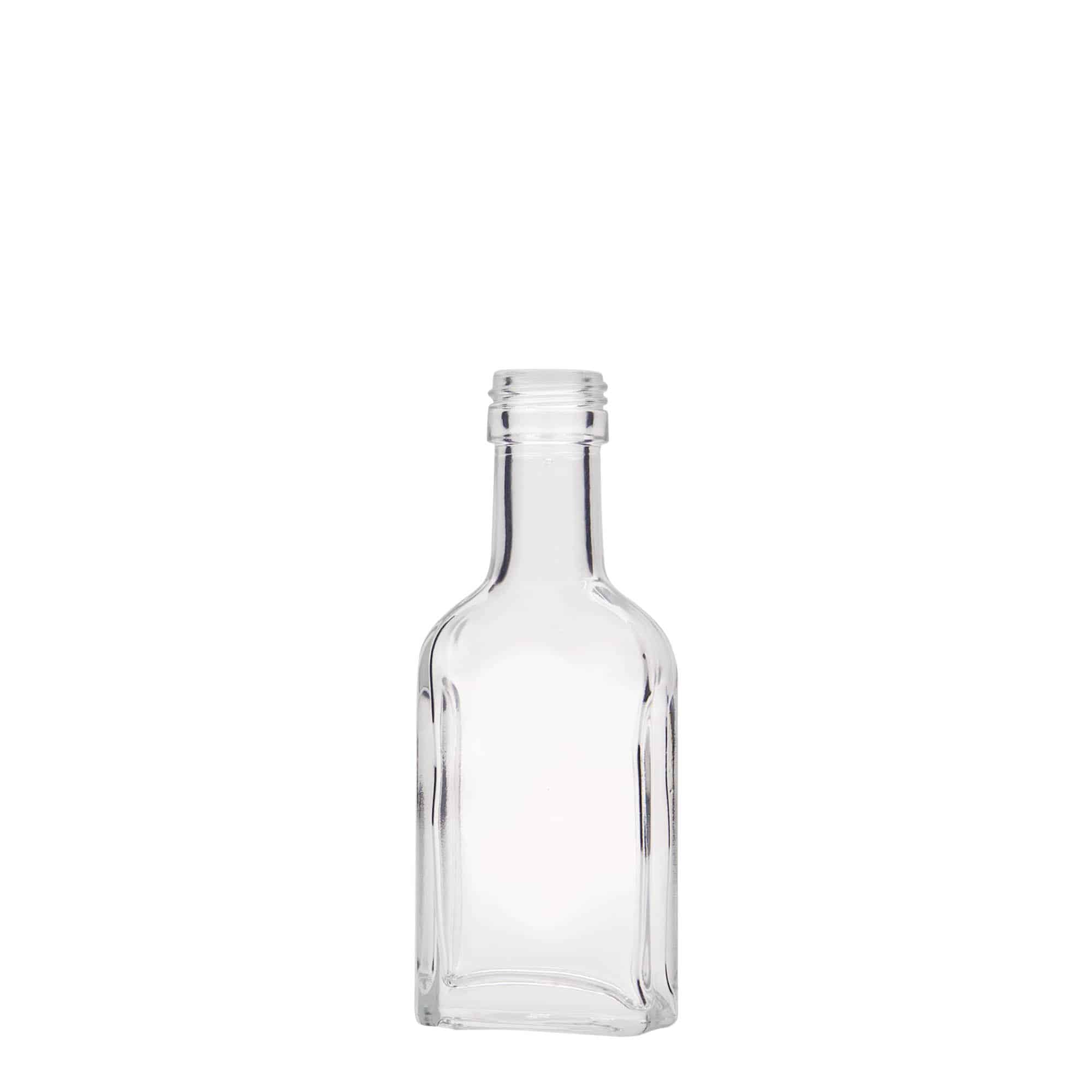 40 ml kabatas pudele ar garu kaklu, taisnstūrveida, stikls, atvere: PP 22