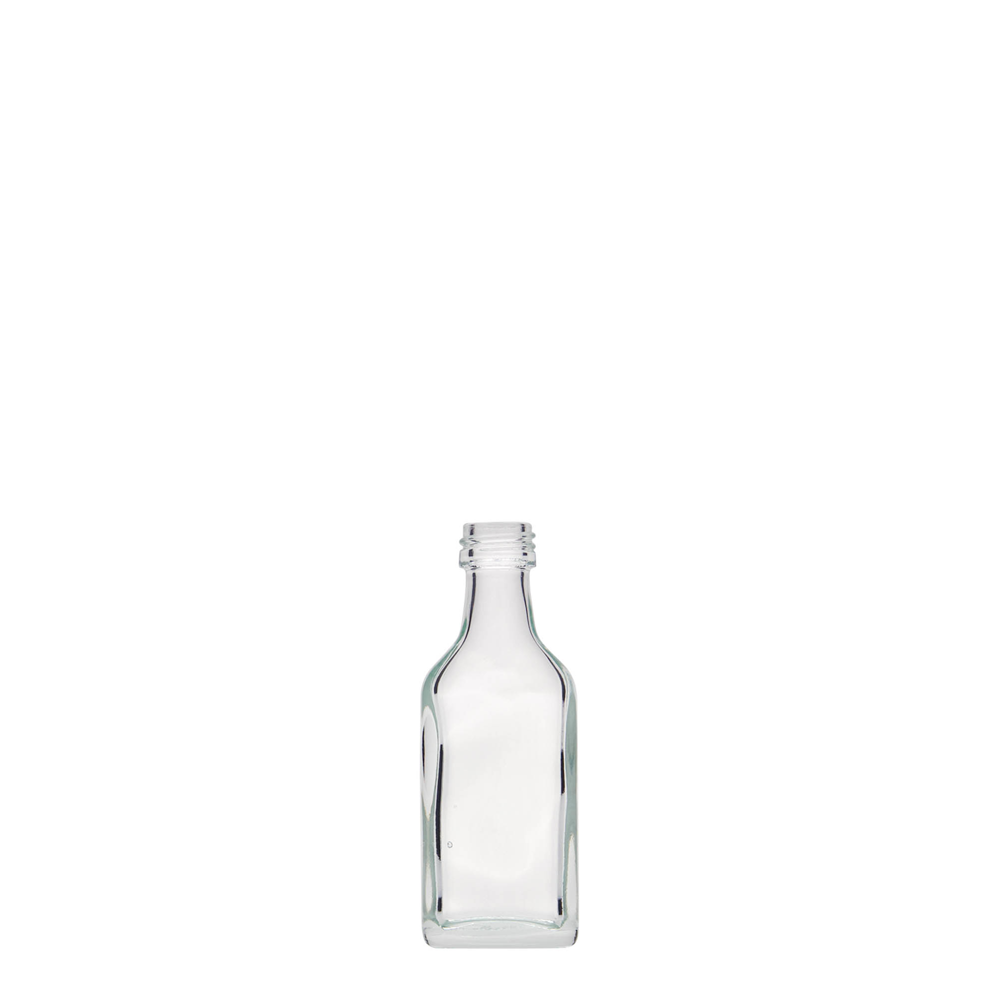 20 ml kabatas pudele, taisnstūrveida, stikls, atvere: PP 18