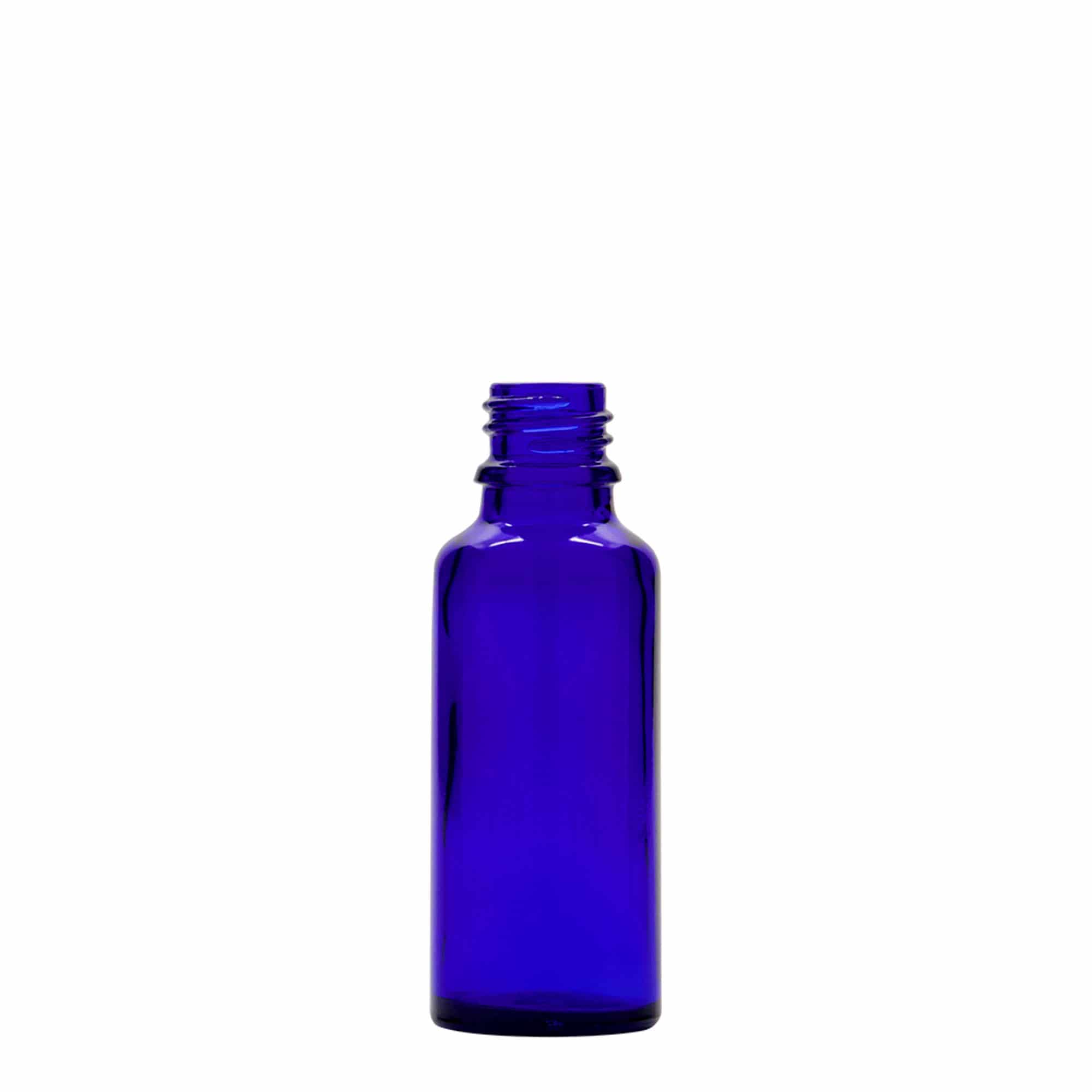 30 ml pilināmā pudelīte medicīnai, stikls, karaliski zils-sarkans, atvere: DIN 18 30 ml pilināmā pudelīte medicīnai, stikls, karaliski zils-sarkans, atvere: DIN 18