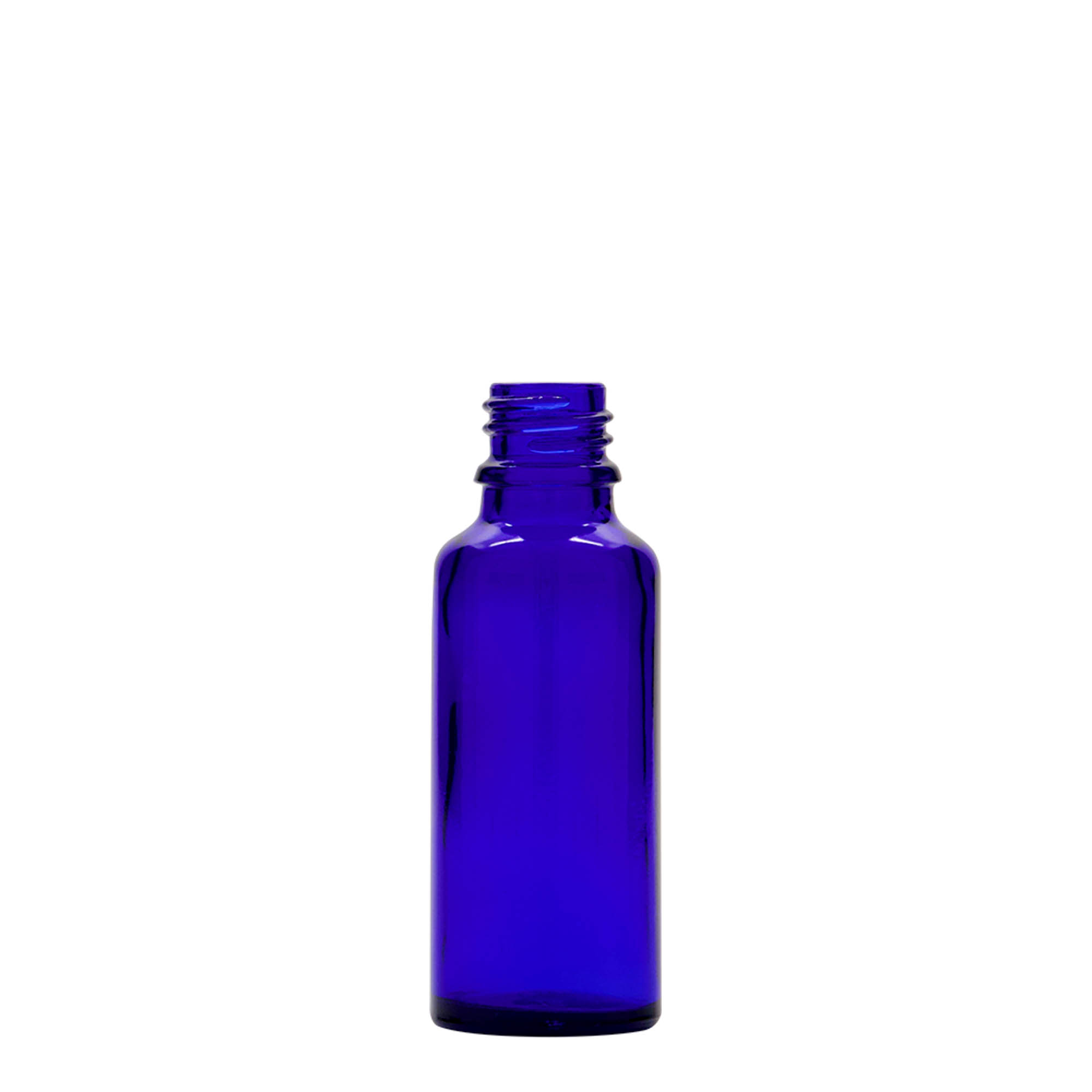30 ml pilināmā pudelīte medicīnai, stikls, karaliski zils-sarkans, atvere: DIN 18